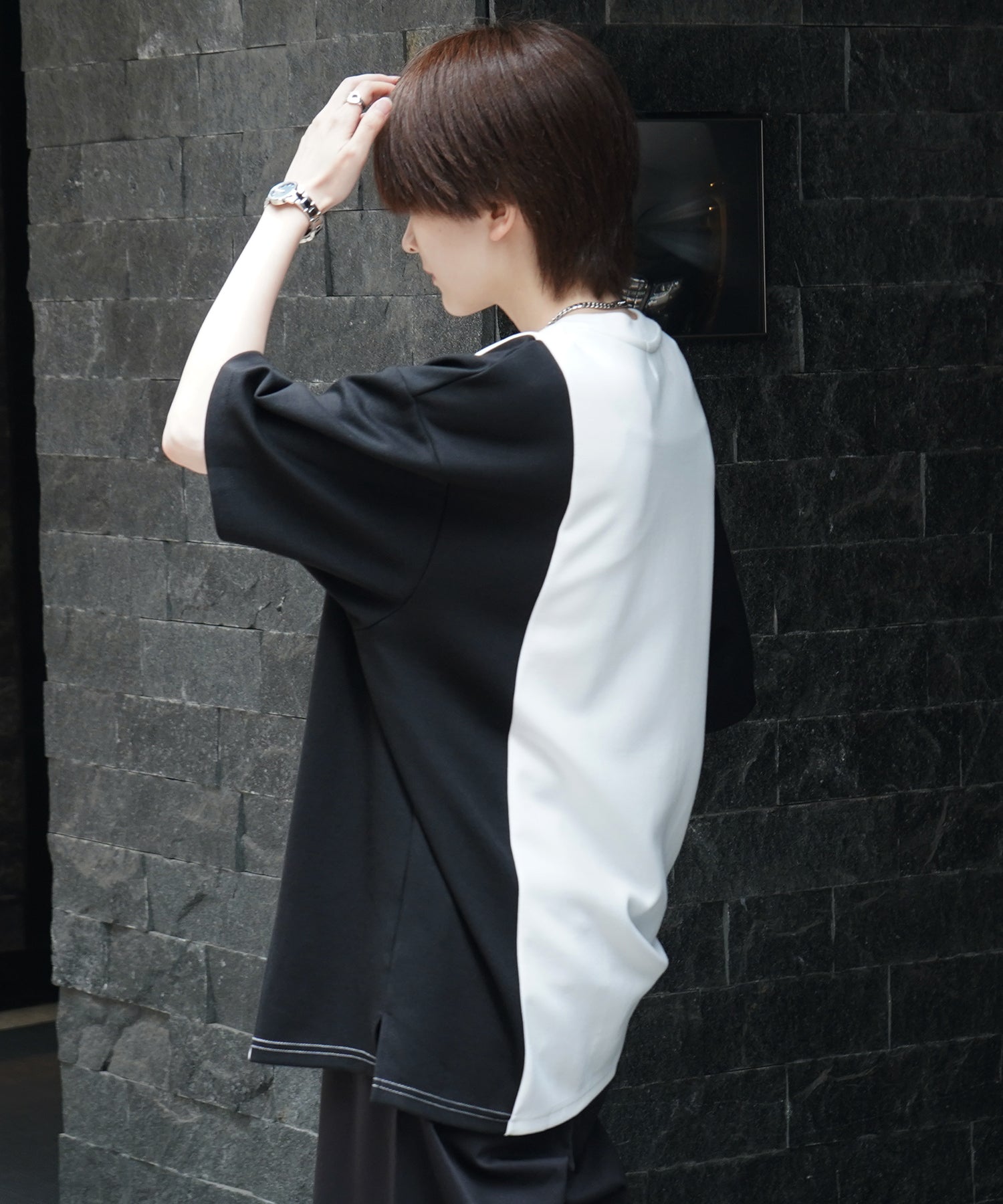 25SS ナチュラルドレープ ビッグシルエット 切替 とろみポンチ半袖Tシャツ