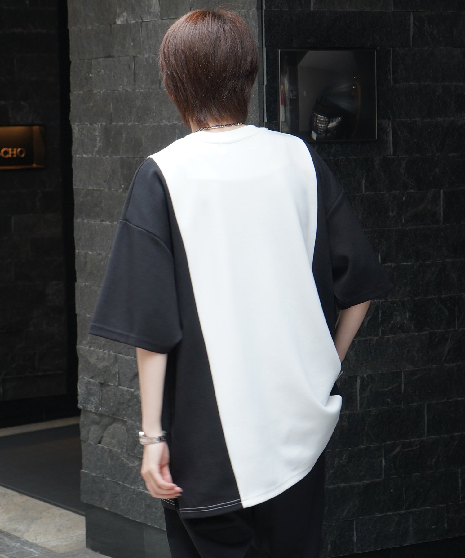 25SS ナチュラルドレープ ビッグシルエット 切替 とろみポンチ半袖Tシャツ