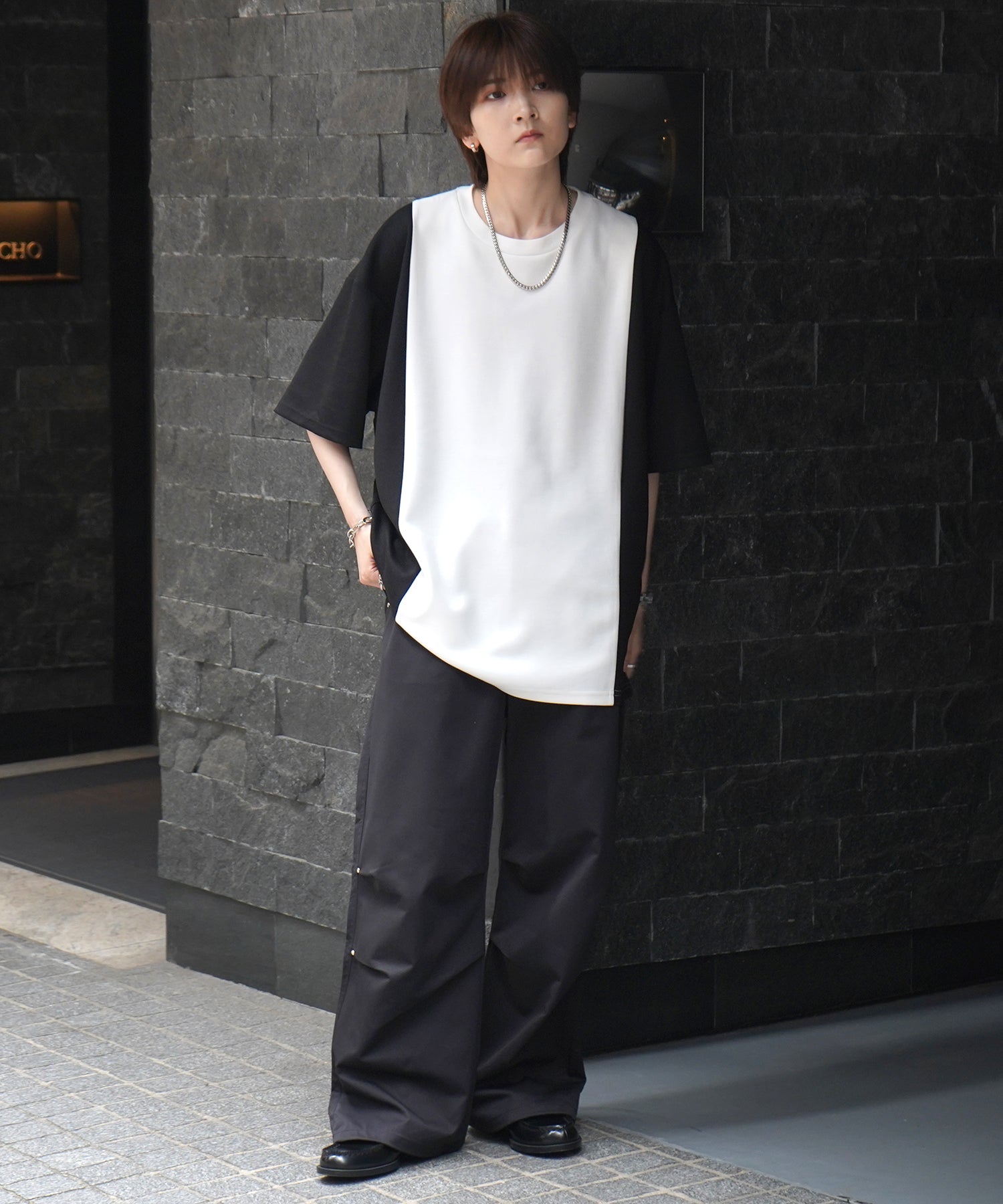 25SS ナチュラルドレープ ビッグシルエット 切替 とろみポンチ半袖Tシャツ