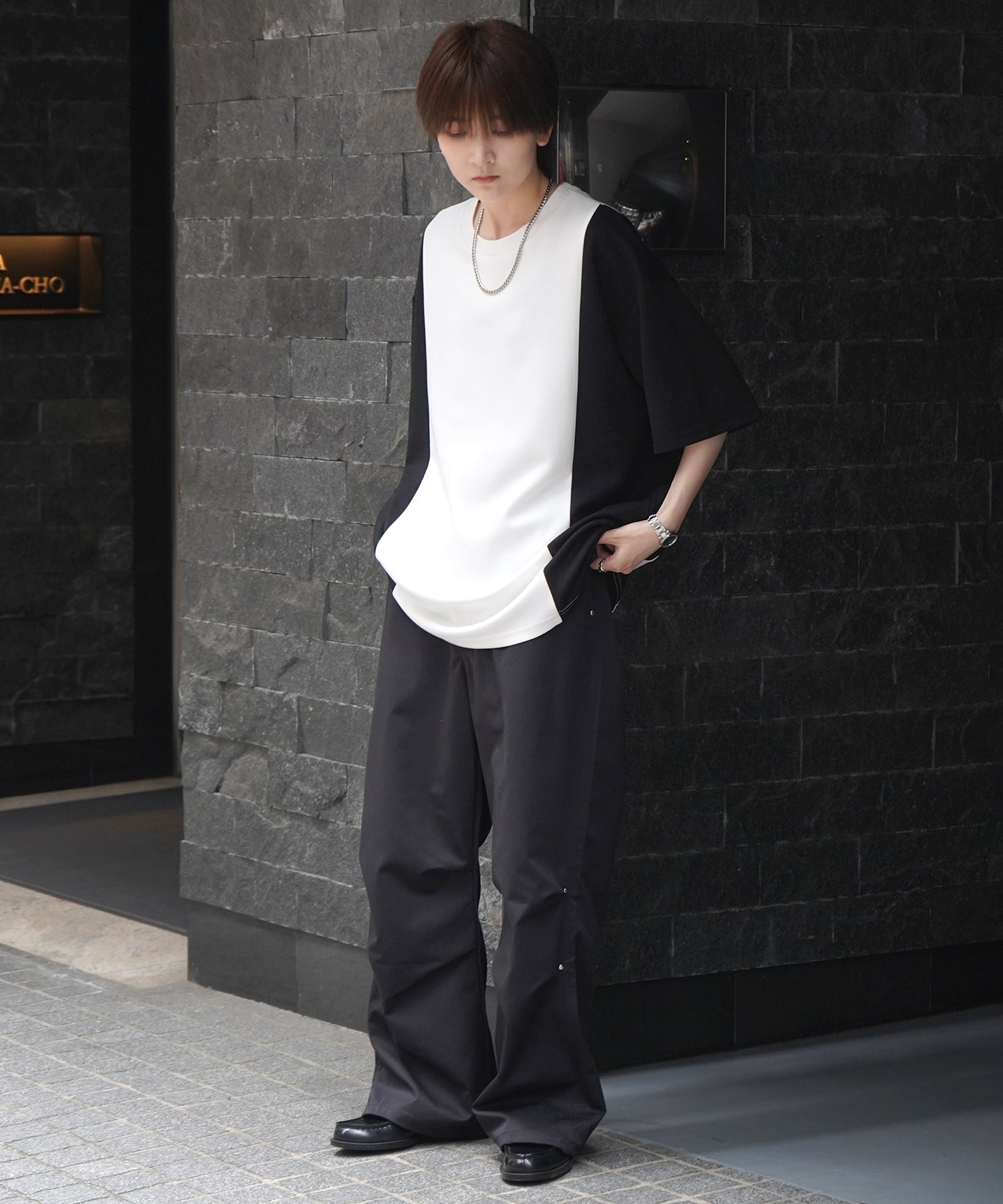 25SS ナチュラルドレープ ビッグシルエット 切替 とろみポンチ半袖Tシャツ