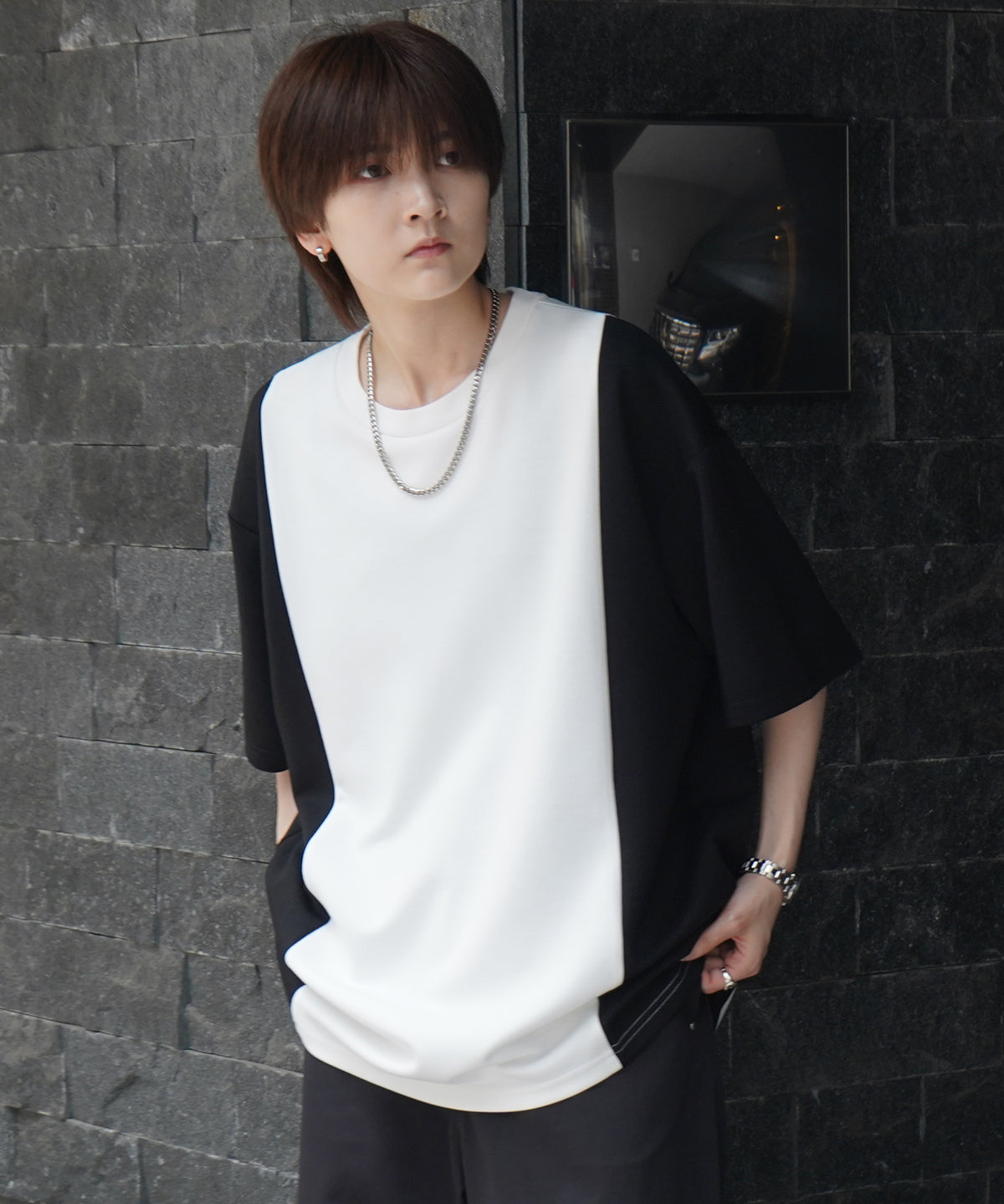 25SS ナチュラルドレープ ビッグシルエット 切替 とろみポンチ半袖Tシャツ