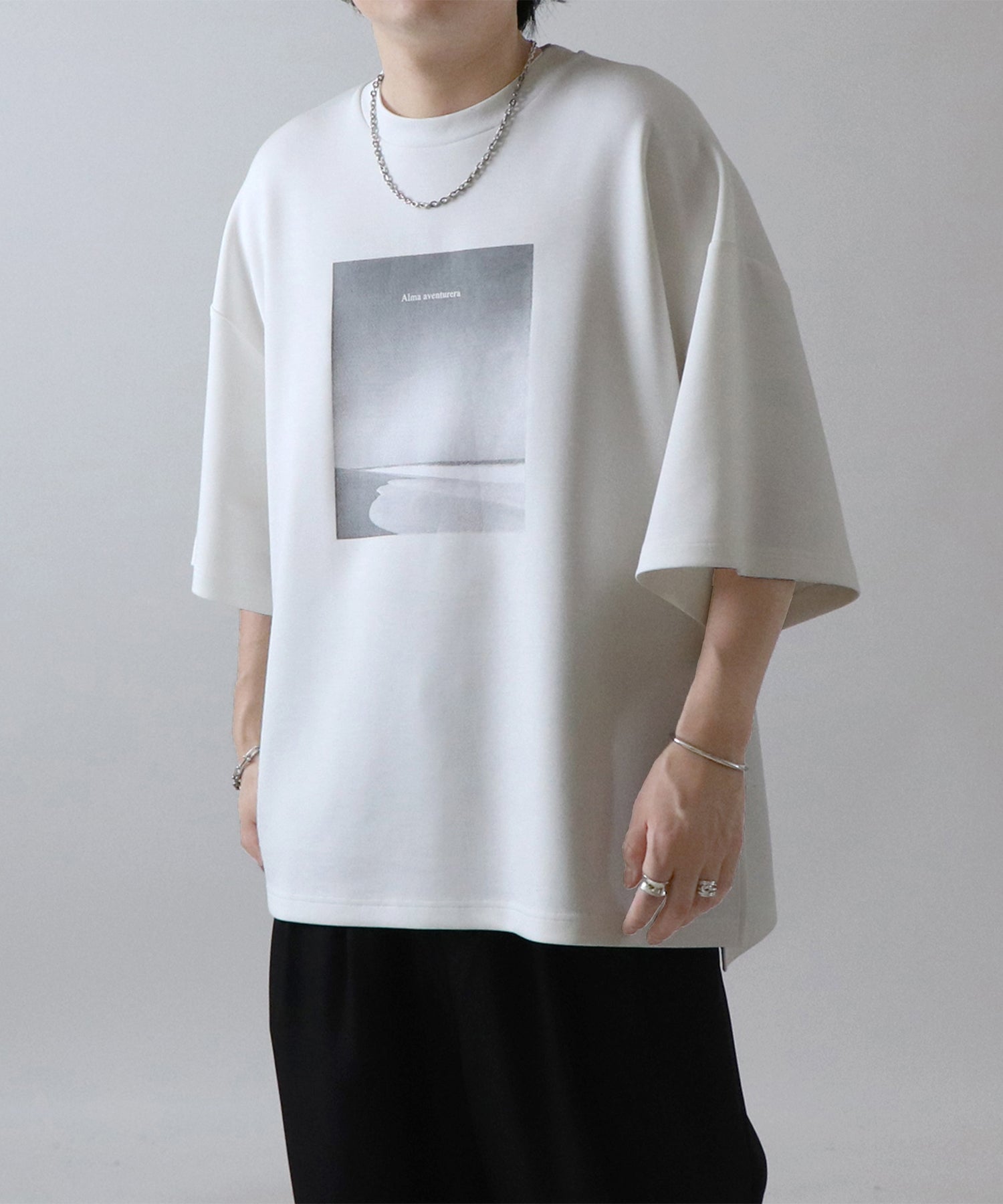 25SS ドレープとろみ ビッグシルエット フォトフロントプリント オーバーサイズ ポンチ半袖Tシャツ