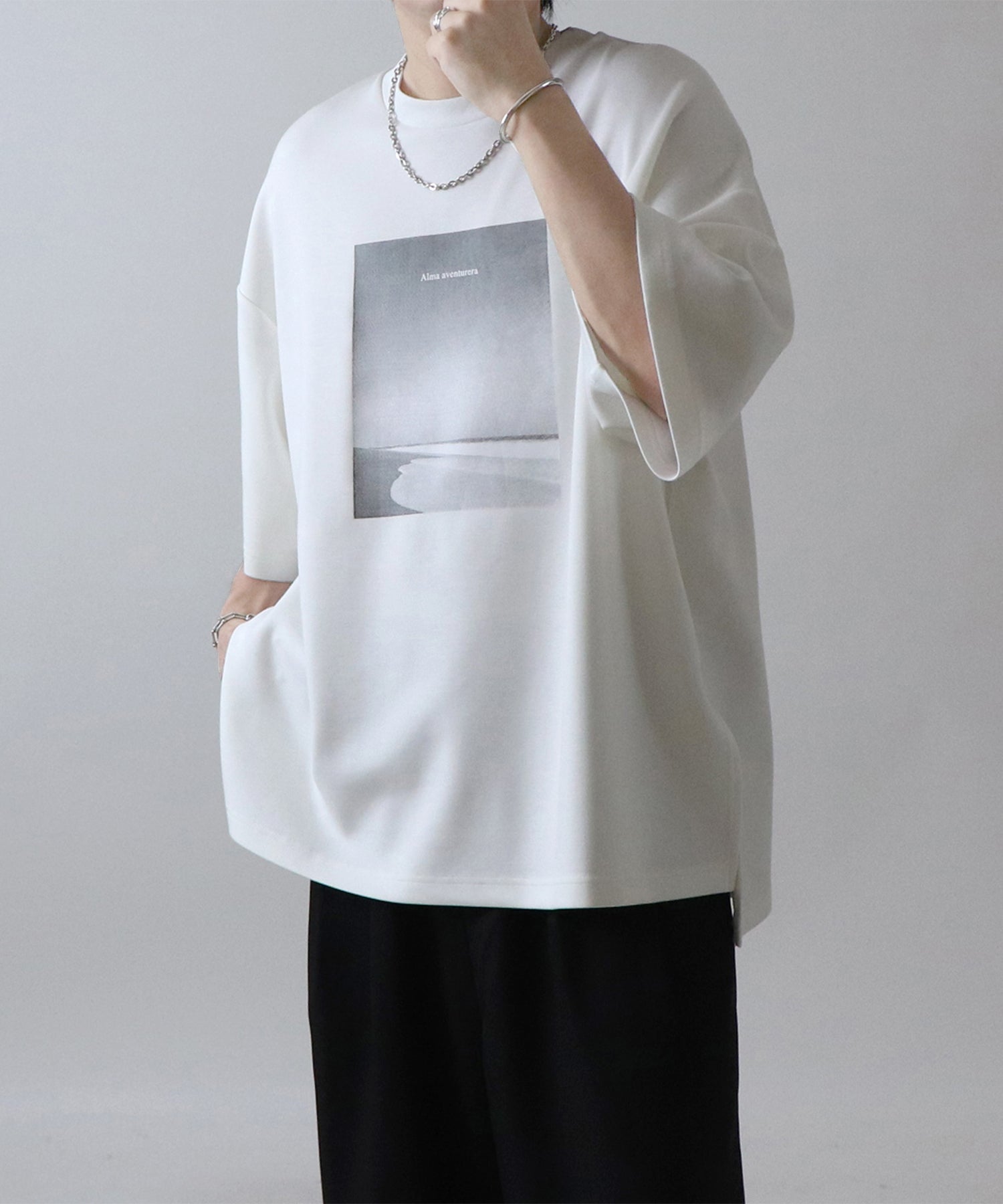 25SS ドレープとろみ ビッグシルエット フォトフロントプリント オーバーサイズ ポンチ半袖Tシャツ