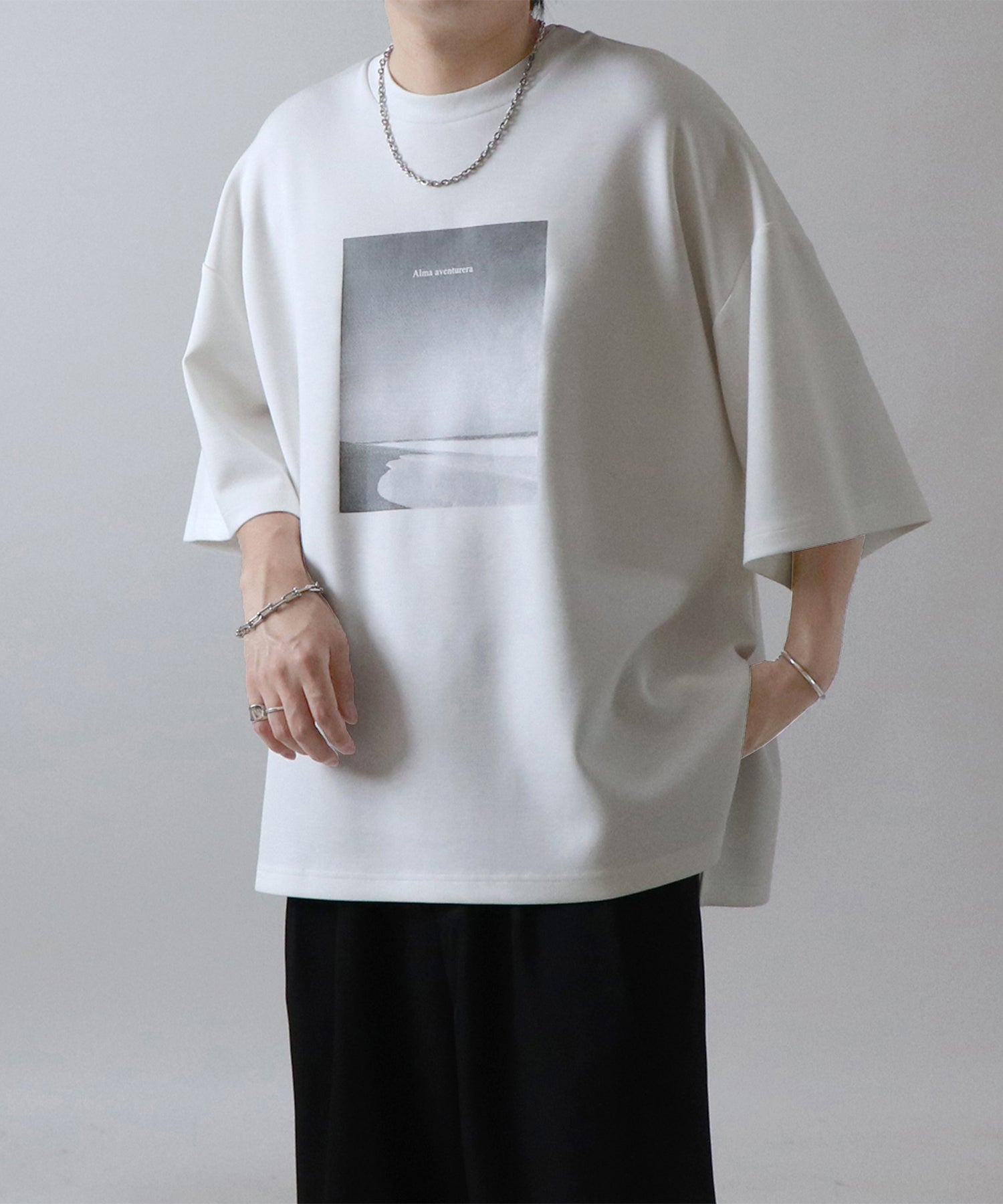 25SS ドレープとろみ ビッグシルエット フォトフロントプリント オーバーサイズ ポンチ半袖Tシャツ