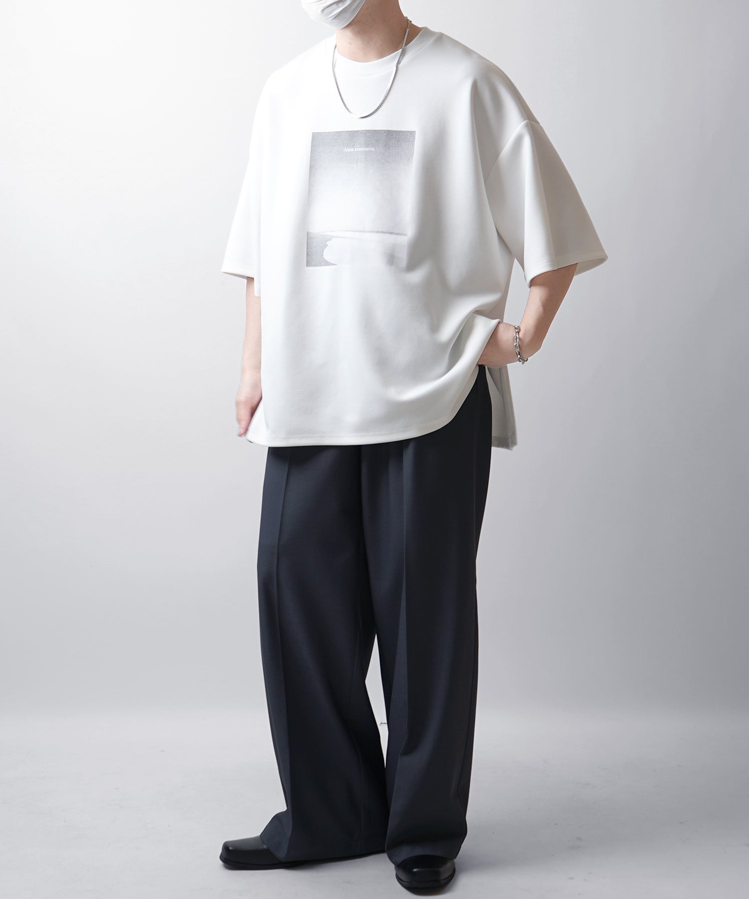 25SS ドレープとろみ ビッグシルエット フォトフロントプリント オーバーサイズ ポンチ半袖Tシャツ