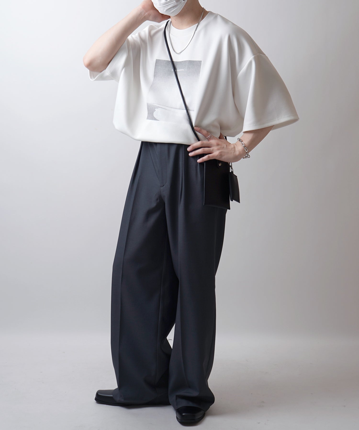 25SS ドレープとろみ ビッグシルエット フォトフロントプリント オーバーサイズ ポンチ半袖Tシャツ