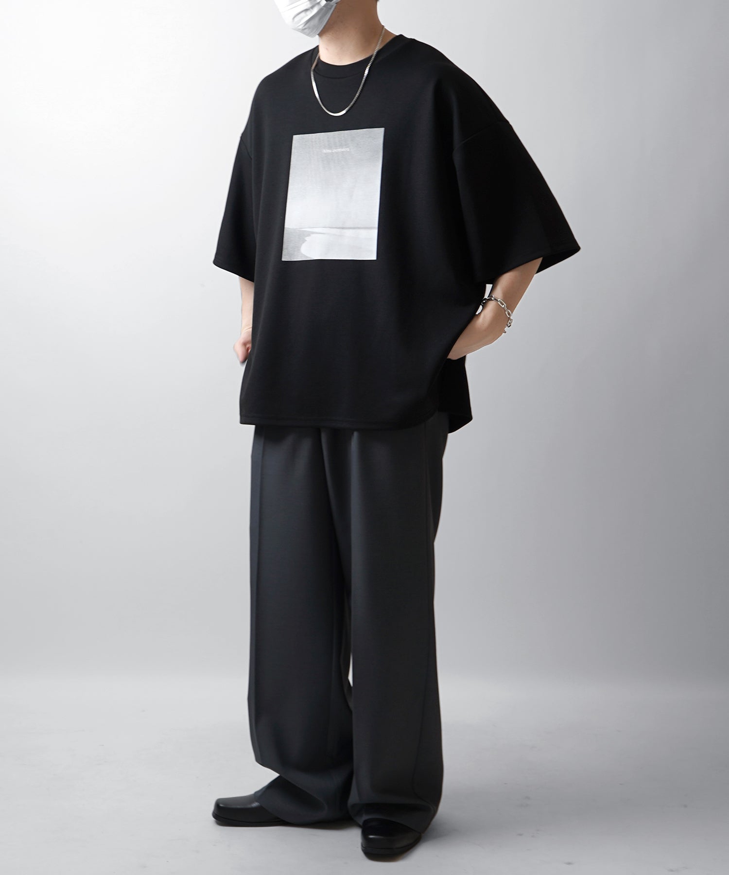 25SS ドレープとろみ ビッグシルエット フォトフロントプリント オーバーサイズ ポンチ半袖Tシャツ