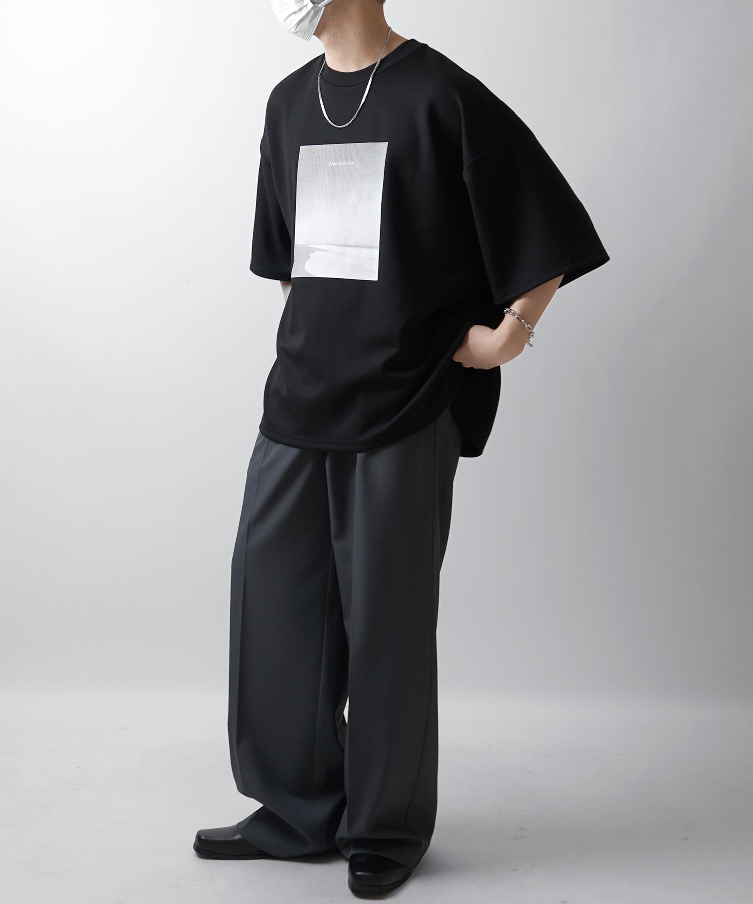 25SS ドレープとろみ ビッグシルエット フォトフロントプリント オーバーサイズ ポンチ半袖Tシャツ