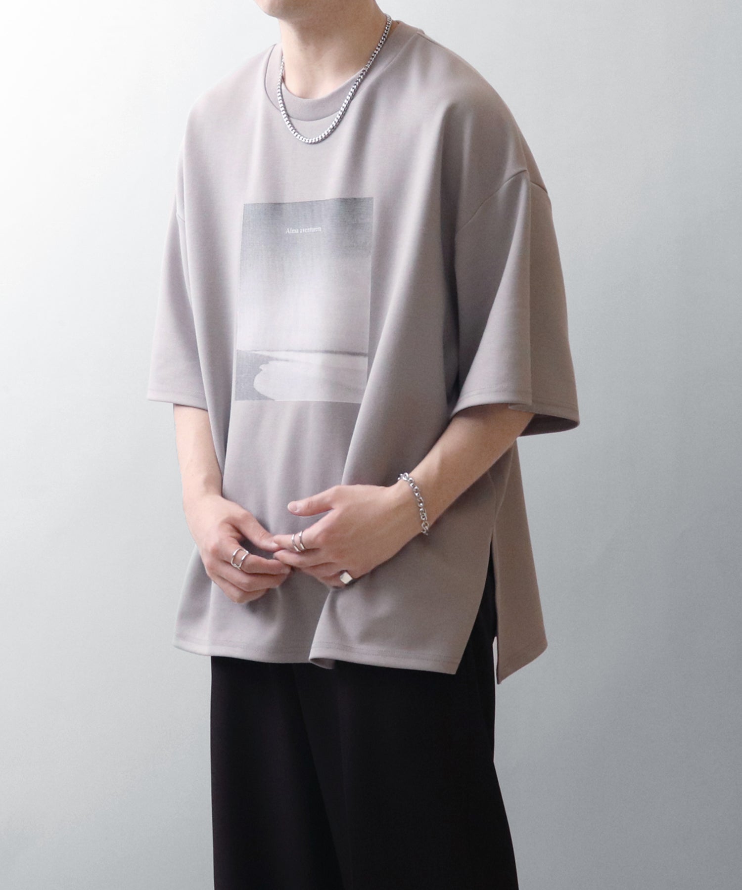 25SS ドレープとろみ ビッグシルエット フォトフロントプリント オーバーサイズ ポンチ半袖Tシャツ