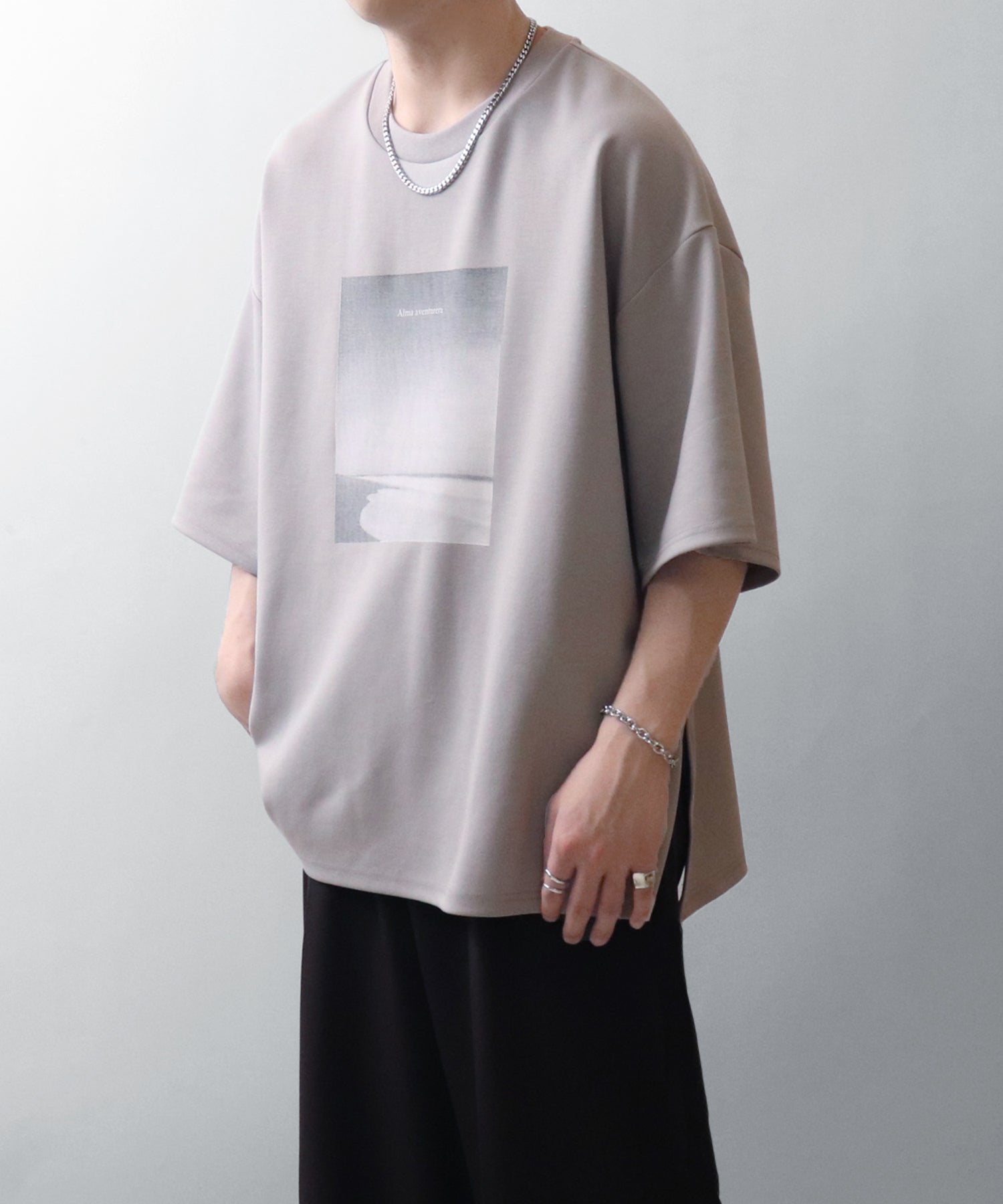 25SS ドレープとろみ ビッグシルエット フォトフロントプリント オーバーサイズ ポンチ半袖Tシャツ