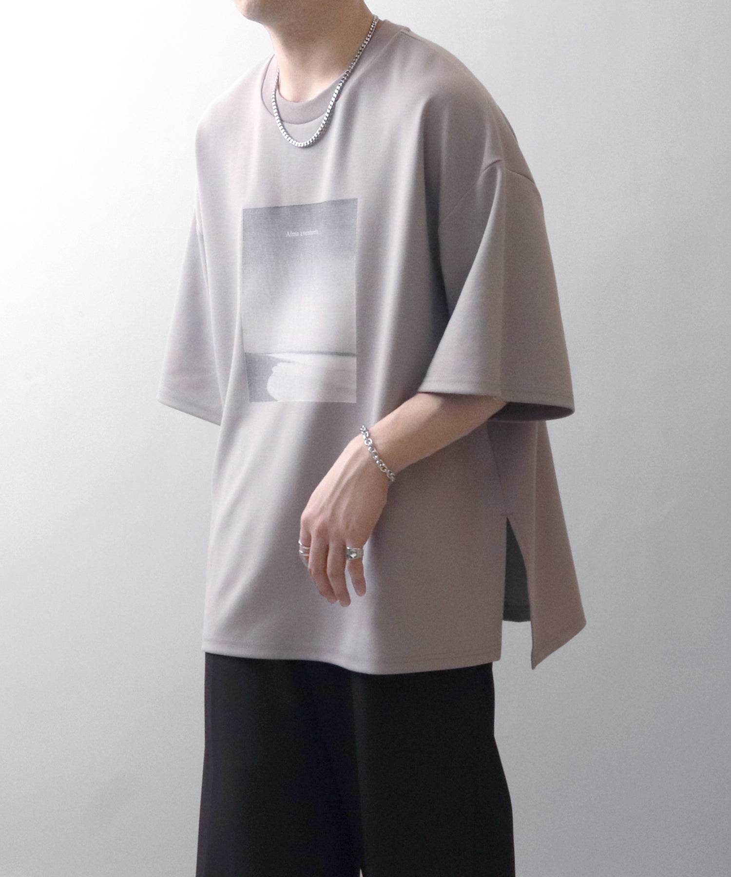 25SS ドレープとろみ ビッグシルエット フォトフロントプリント オーバーサイズ ポンチ半袖Tシャツ