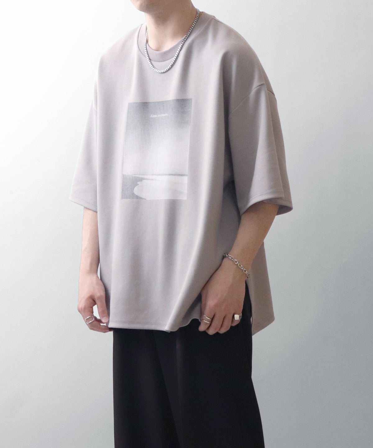 25SS ドレープとろみ ビッグシルエット フォトフロントプリント オーバーサイズ ポンチ半袖Tシャツ