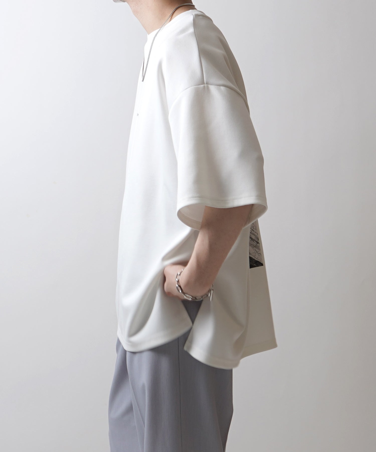 25SS ドレープとろみ ビッグシルエット フォトバックプリント オーバーサイズ ポンチ半袖Tシャツ