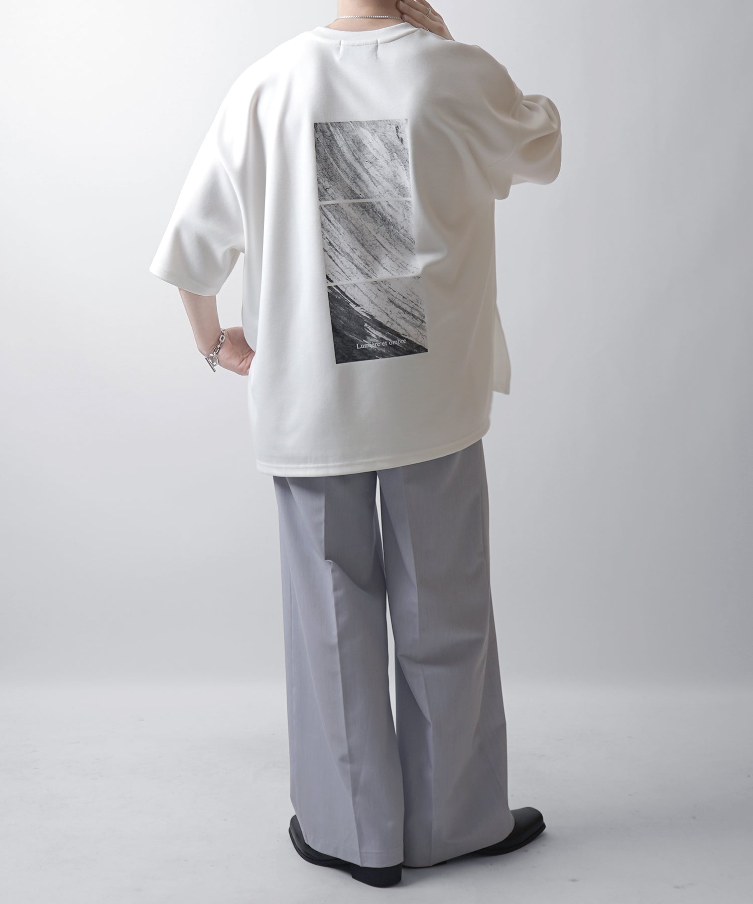 25SS ドレープとろみ ビッグシルエット フォトバックプリント オーバーサイズ ポンチ半袖Tシャツ