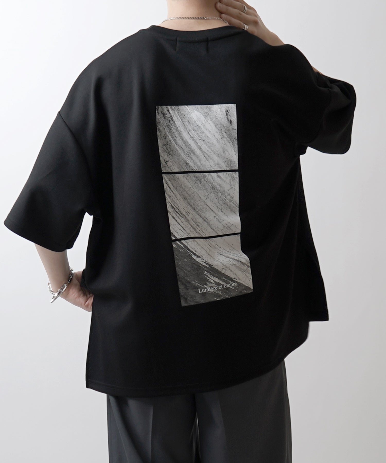 25SS ドレープとろみ ビッグシルエット フォトバックプリント オーバーサイズ ポンチ半袖Tシャツ