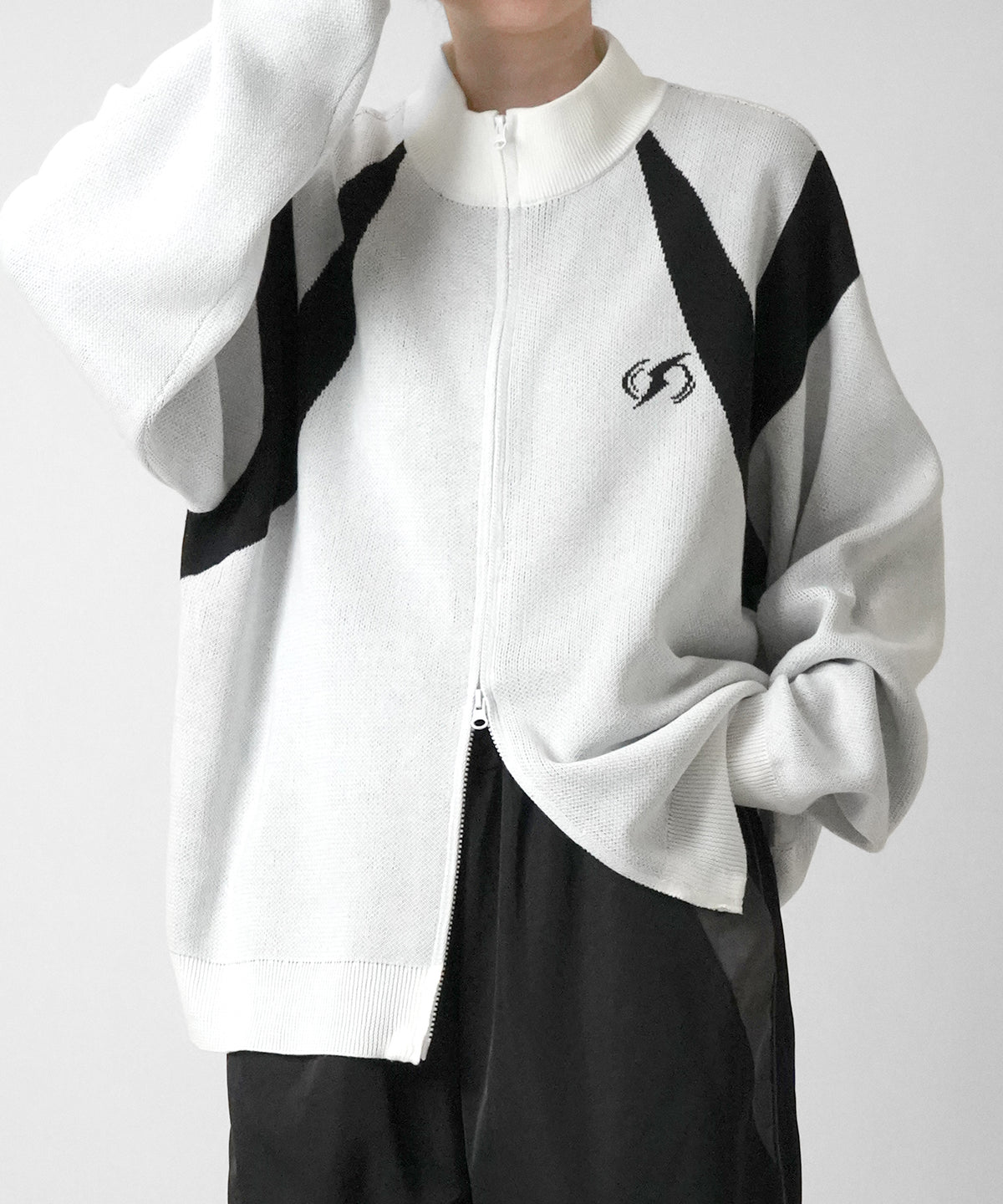 Y2K ダブルジップ ワンポイントロゴ ジャガードニット フルジップドライバーズニット