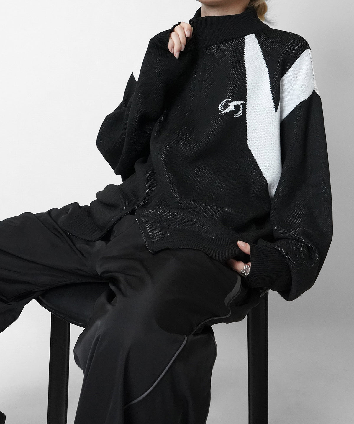Y2K ダブルジップ ワンポイントロゴ ジャガードニット フルジップドライバーズニット