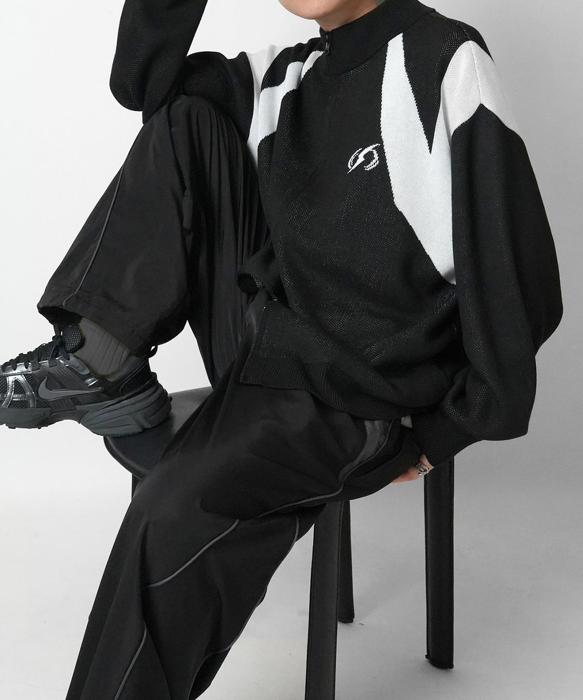 Y2K ダブルジップ ワンポイントロゴ ジャガードニット フルジップドライバーズニット