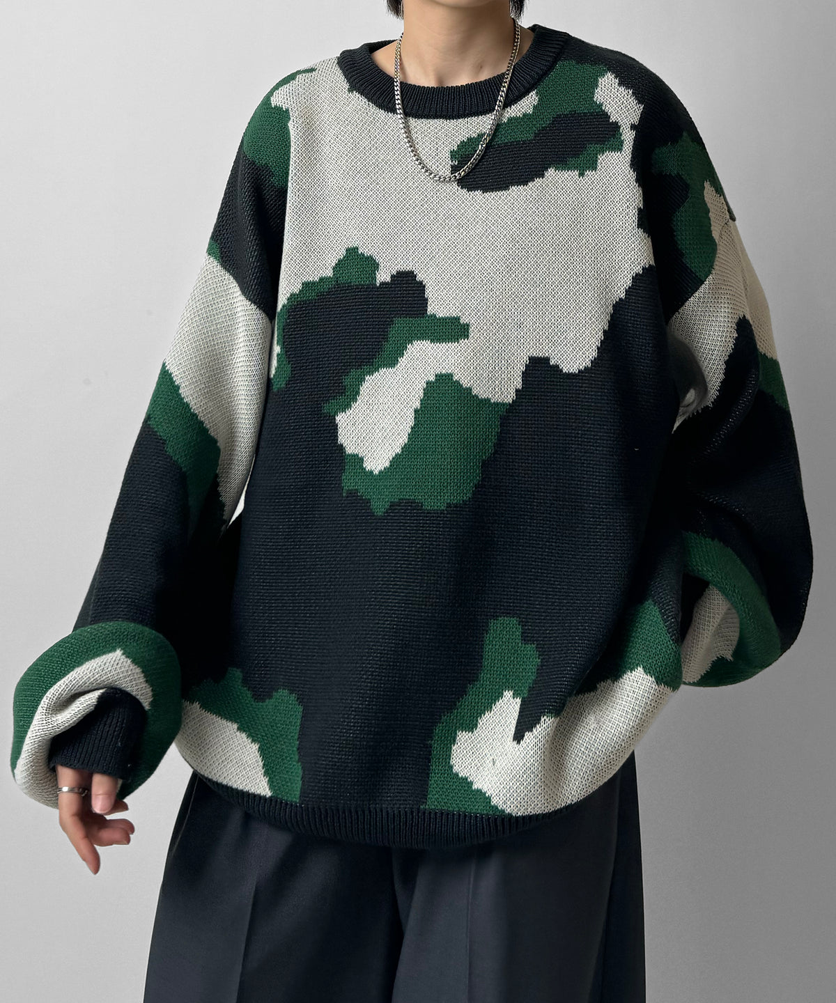 バルーンスリーブ 多色迷彩柄 煙柄ジャガード ビッグシルエットプルオーバーニット