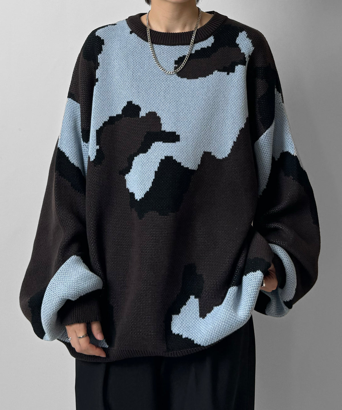 バルーンスリーブ 多色迷彩柄 煙柄ジャガード ビッグシルエットプルオーバーニット