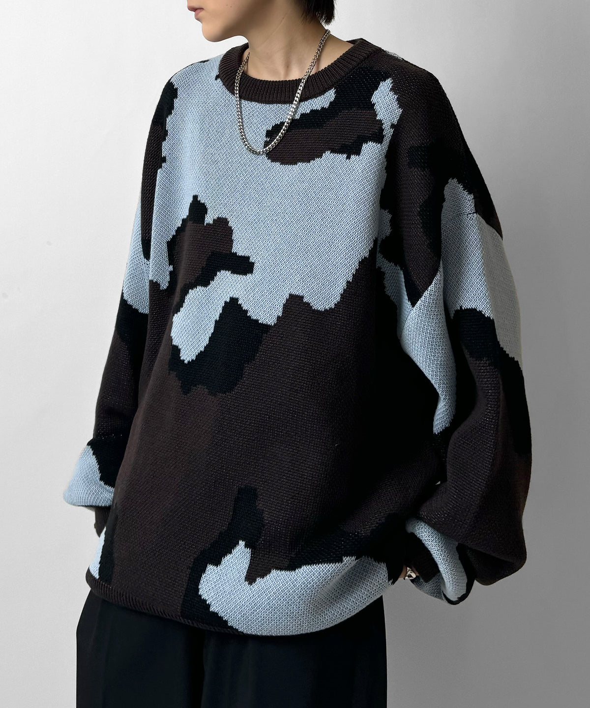 バルーンスリーブ 多色迷彩柄 煙柄ジャガード ビッグシルエットプルオーバーニット