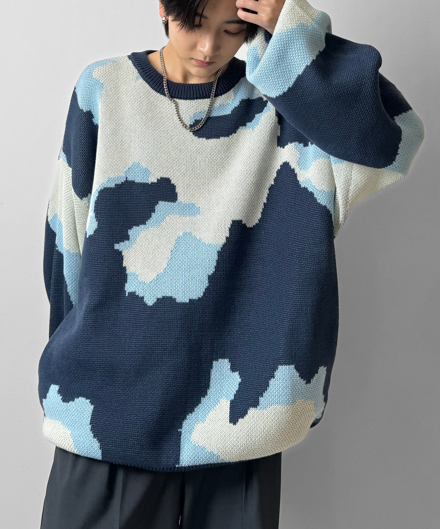 バルーンスリーブ 多色迷彩柄 煙柄ジャガード ビッグシルエットプルオーバーニット