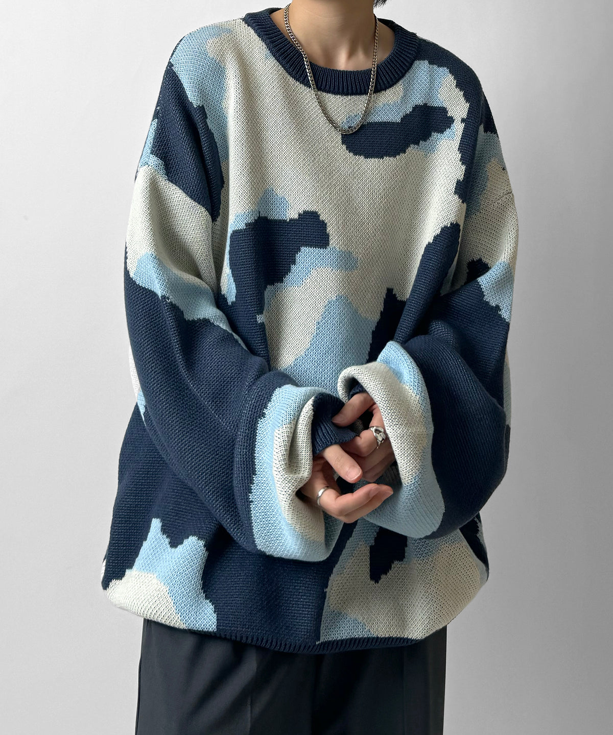 バルーンスリーブ 多色迷彩柄 煙柄ジャガード ビッグシルエットプルオーバーニット