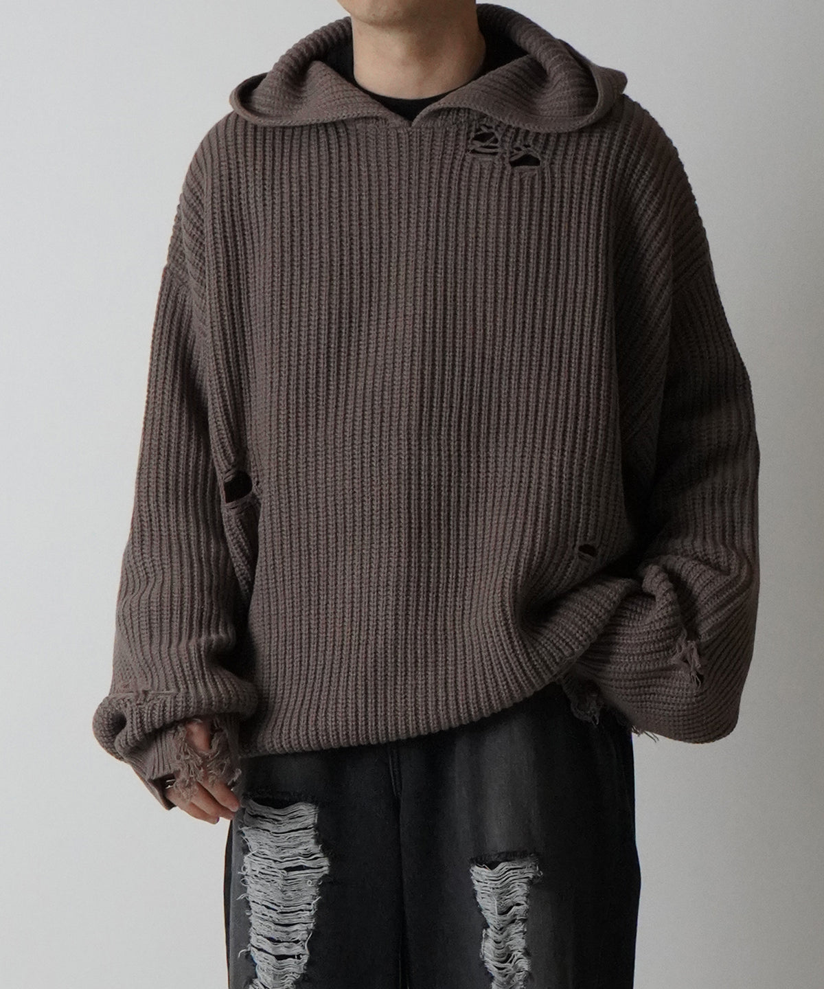 オーバーサイズ プルオーバーパーカー ダメージニットフーディー