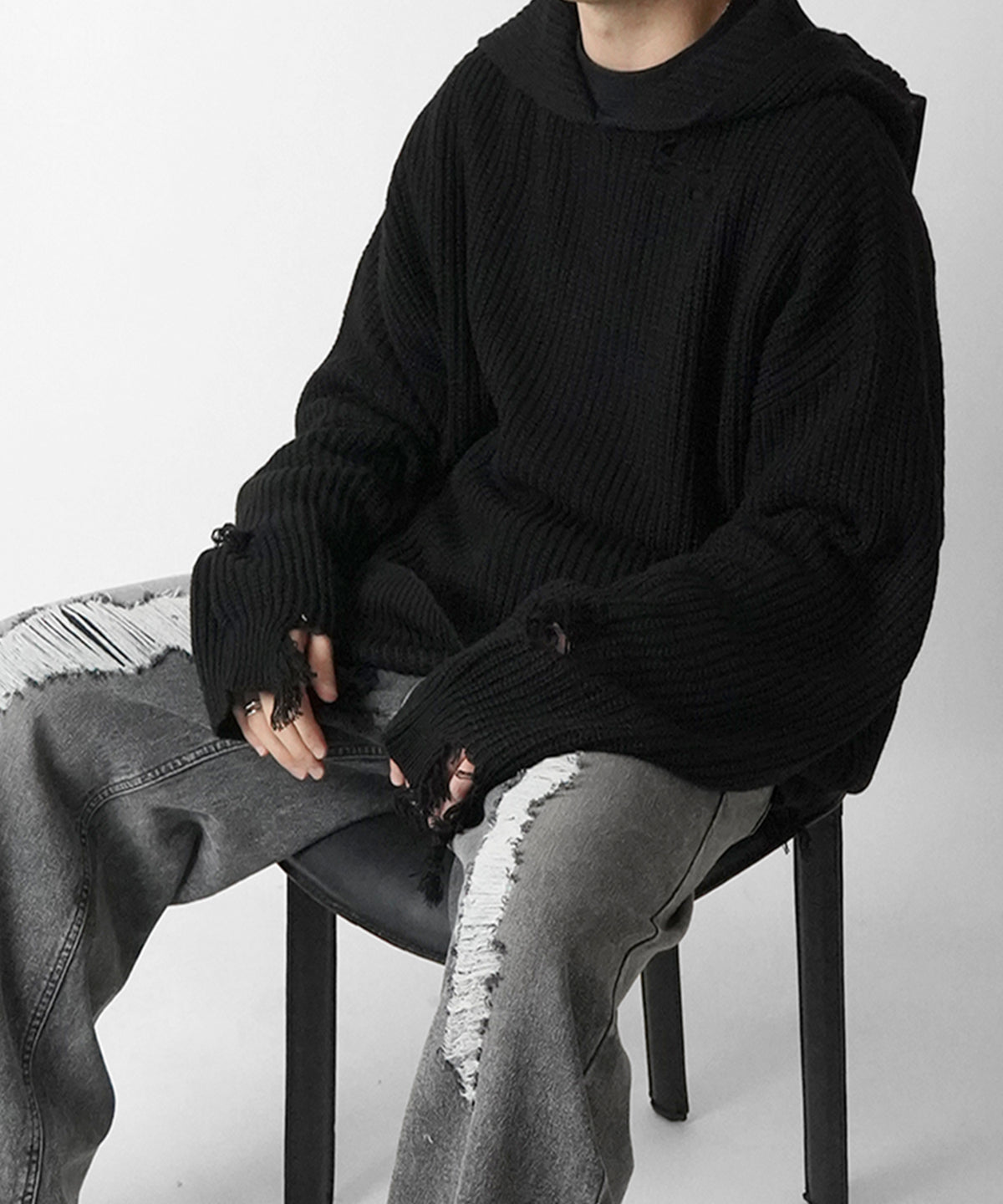 オーバーサイズ プルオーバーパーカー ダメージニットフーディー