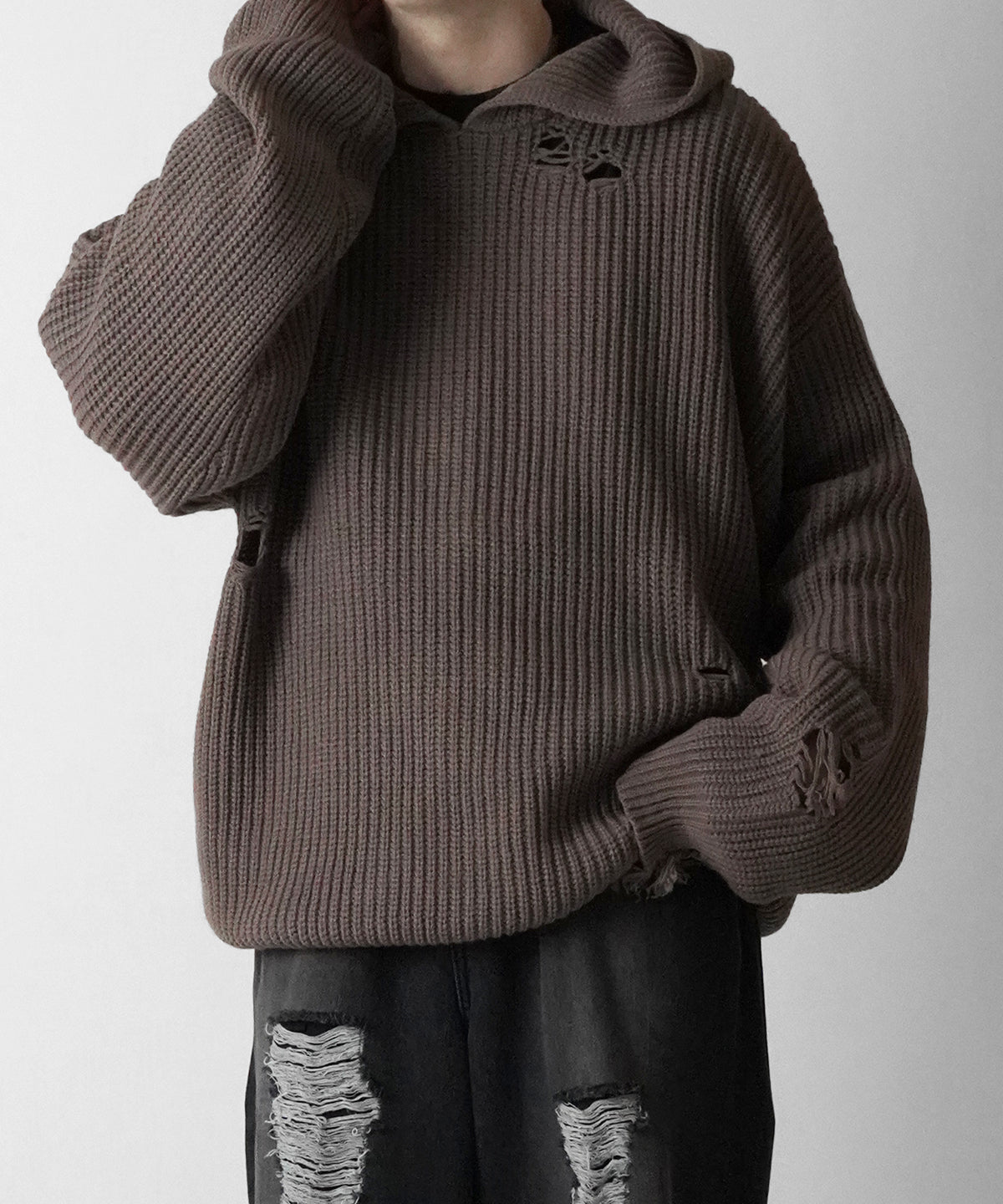 オーバーサイズ プルオーバーパーカー ダメージニットフーディー