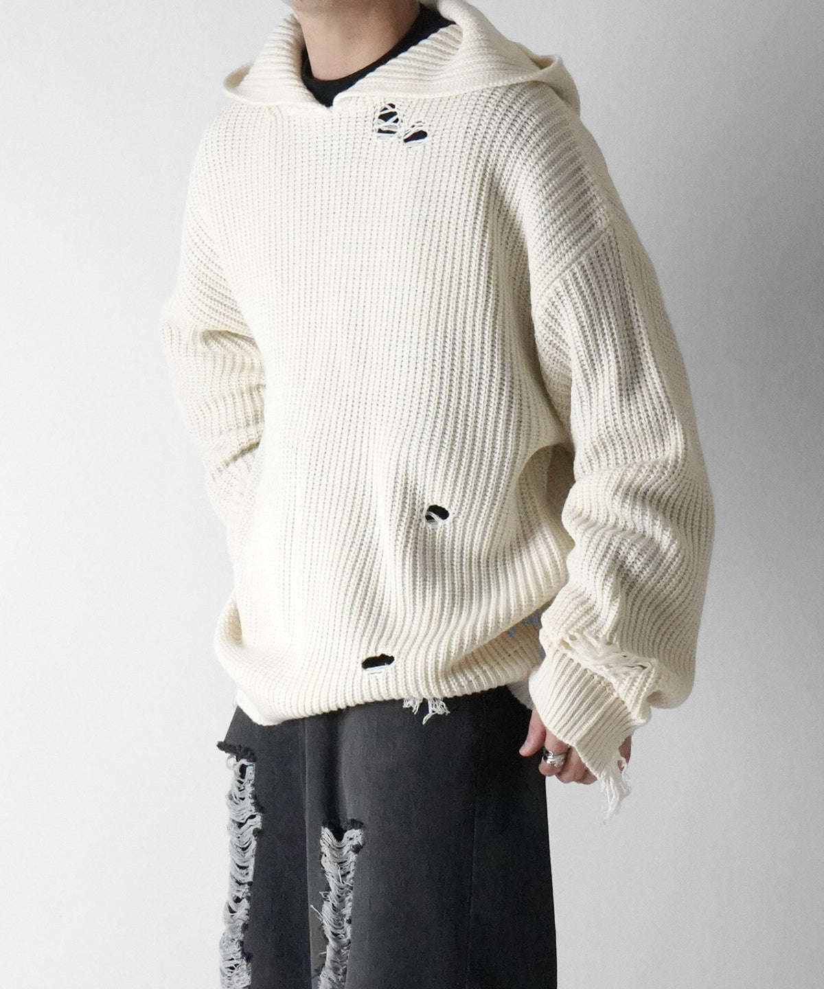 オーバーサイズ プルオーバーパーカー ダメージニットフーディー