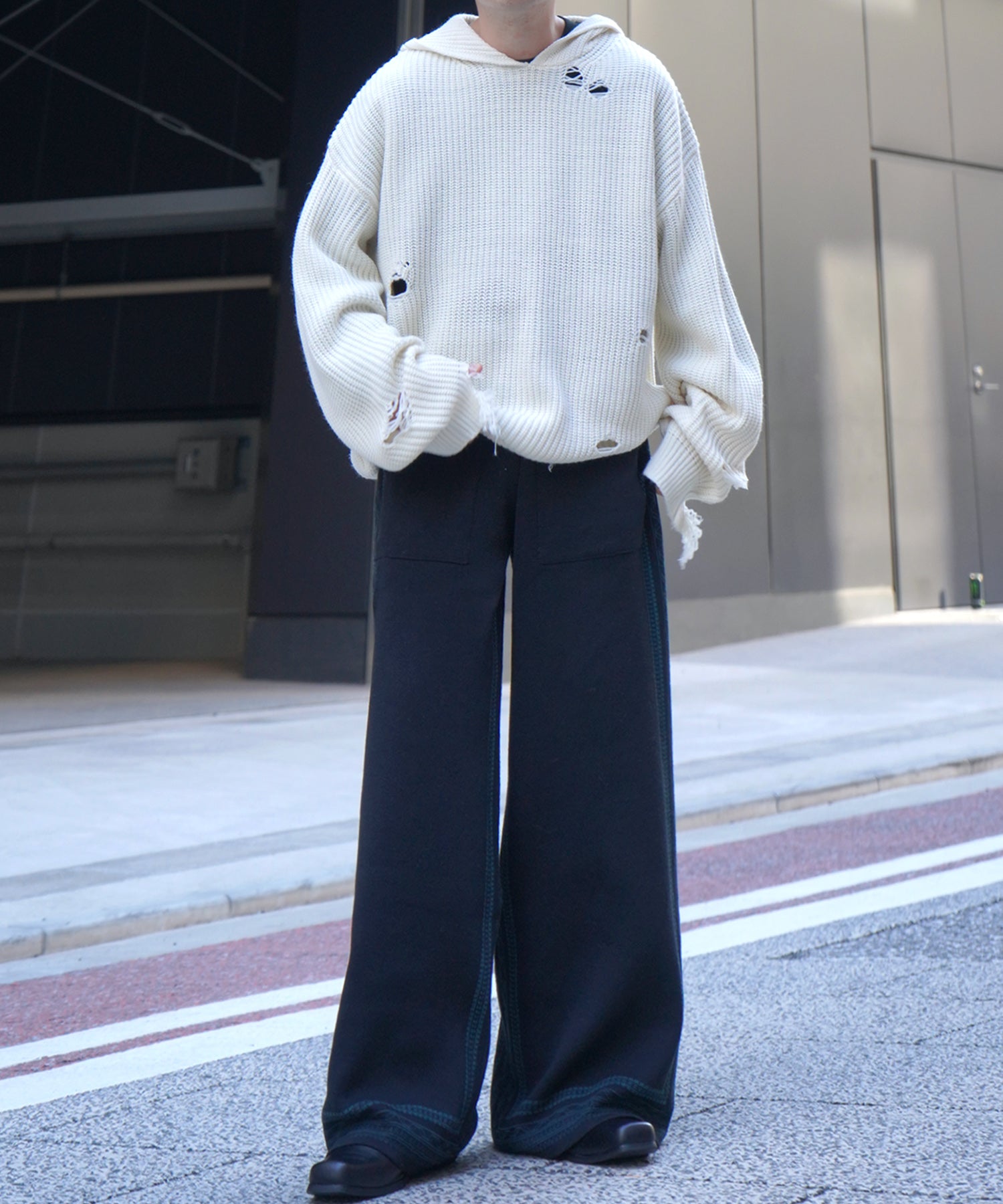 サイドライン ジャガードニット ワイドストレートパンツ
