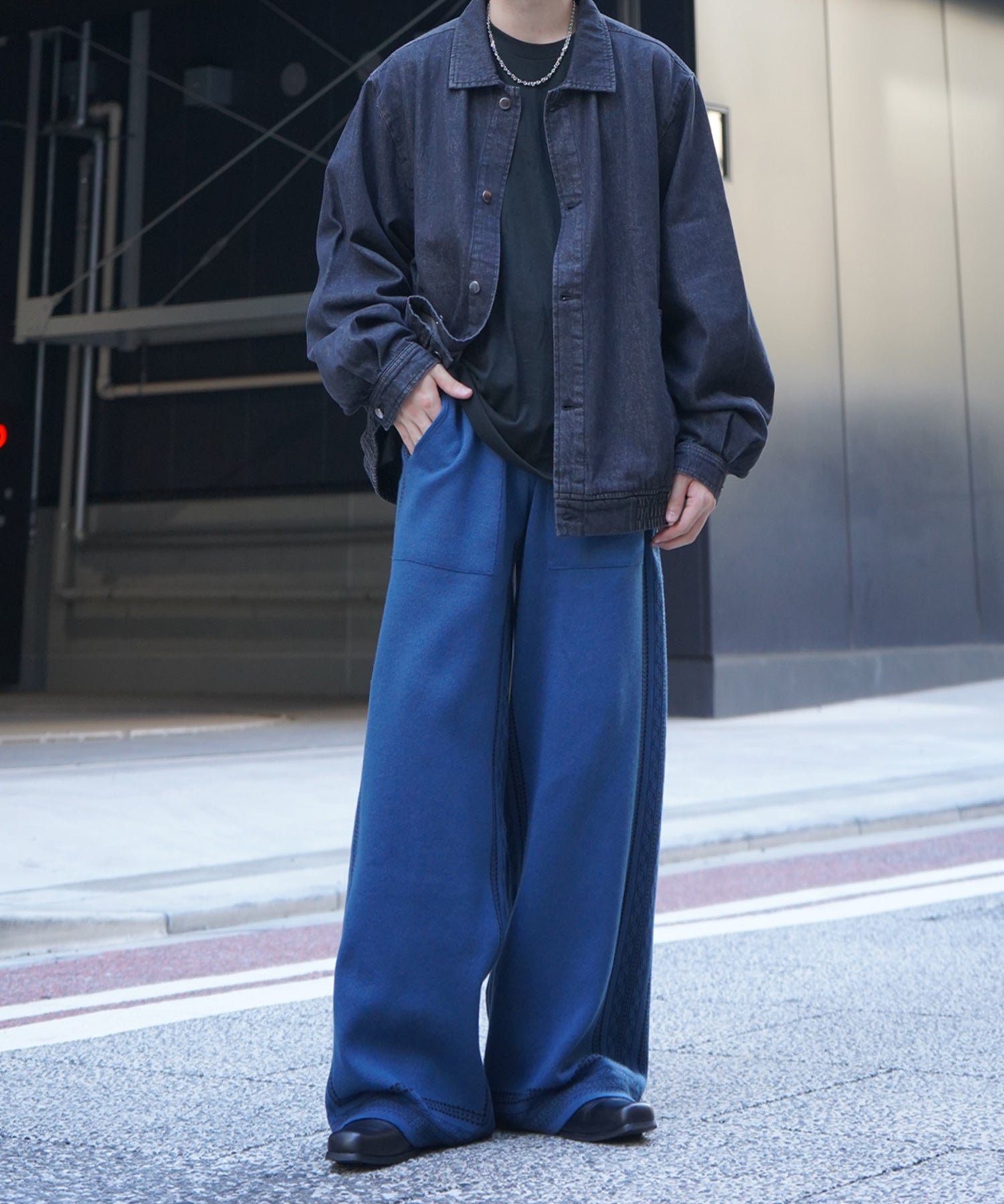 サイドライン ジャガードニット ワイドストレートパンツ