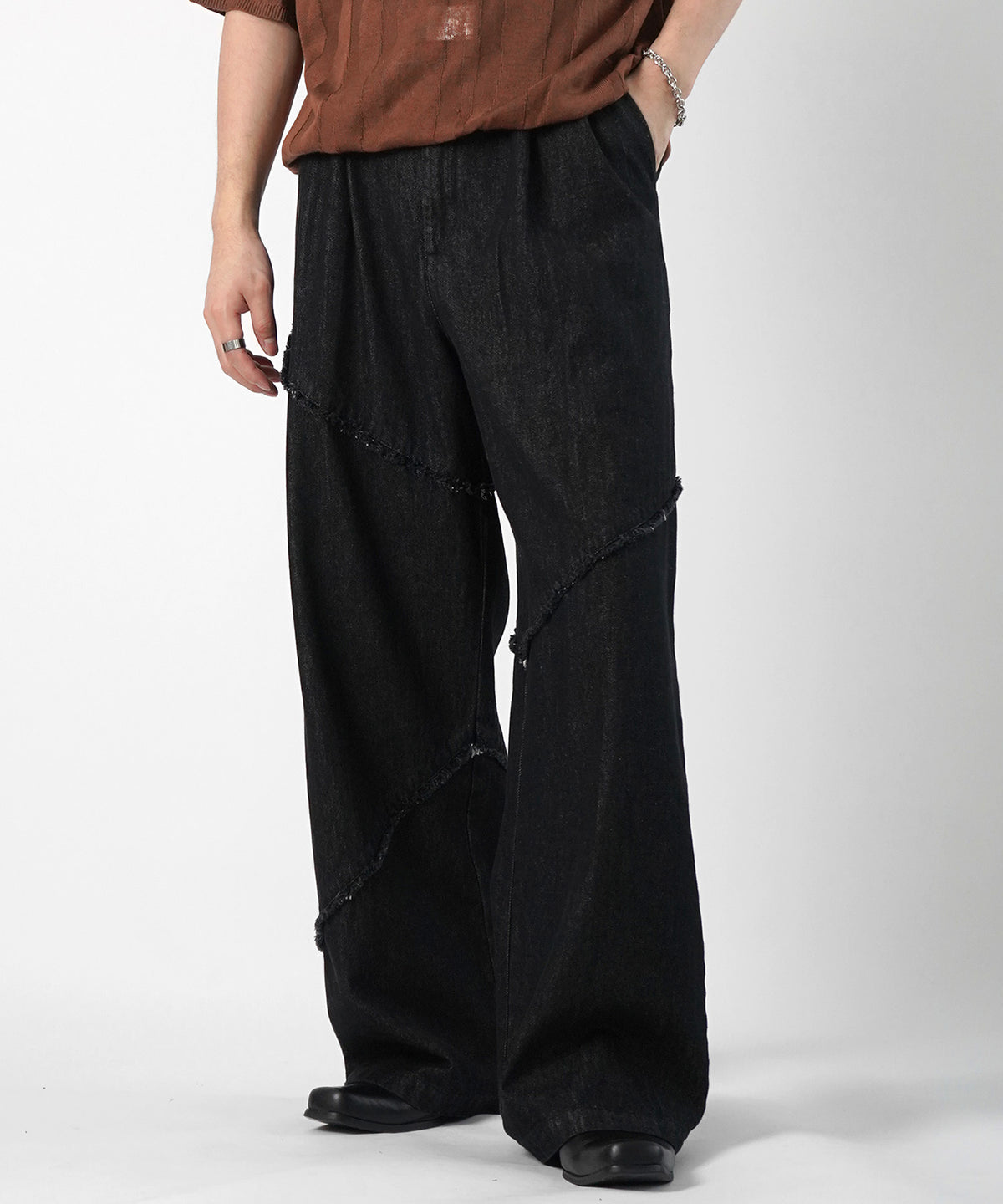 25SS 切替フリンジ ウォッシュ加工 ワイドストレートデニムパンツ