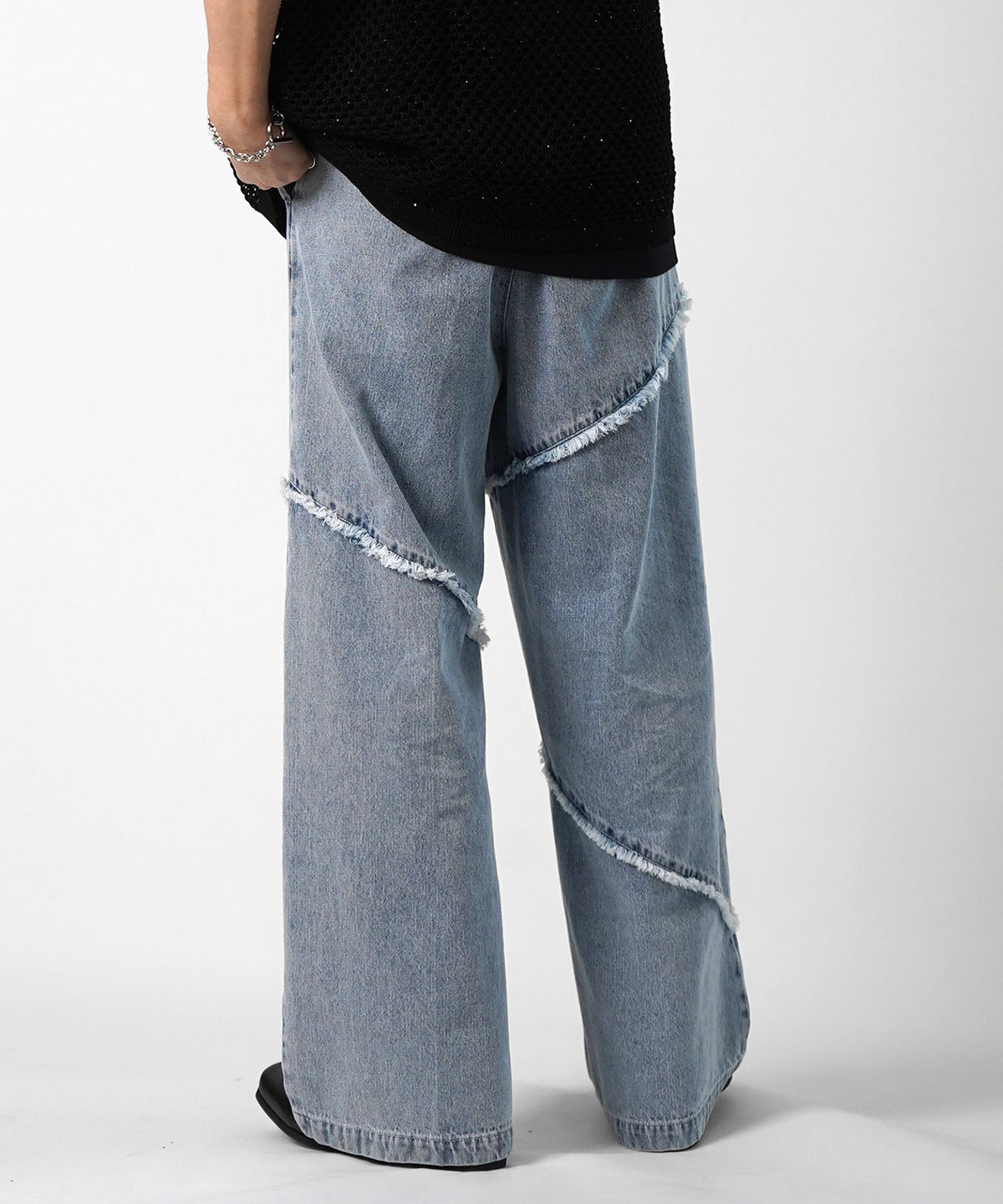 25SS 切替フリンジ ウォッシュ加工 ワイドストレートデニムパンツ