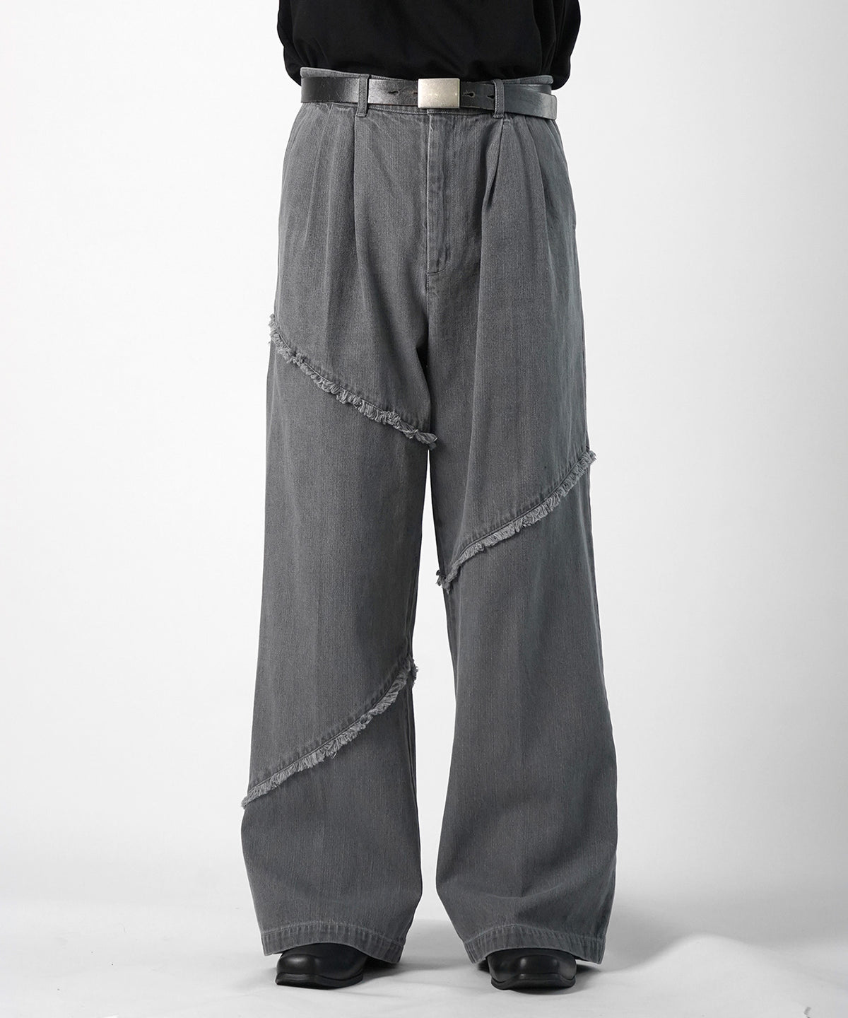 25SS 切替フリンジ ウォッシュ加工 ワイドストレートデニムパンツ