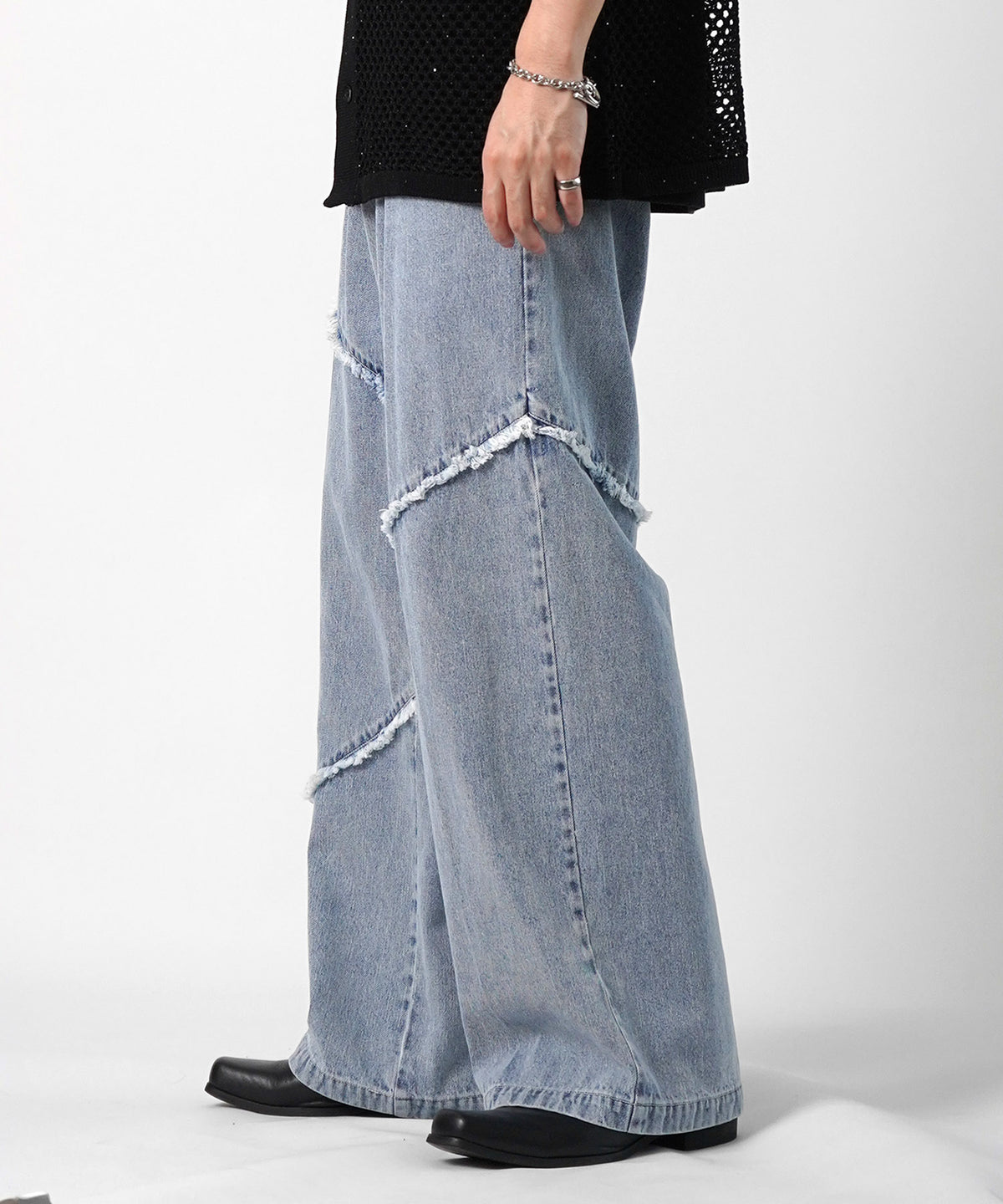 25SS 切替フリンジ ウォッシュ加工 ワイドストレートデニムパンツ