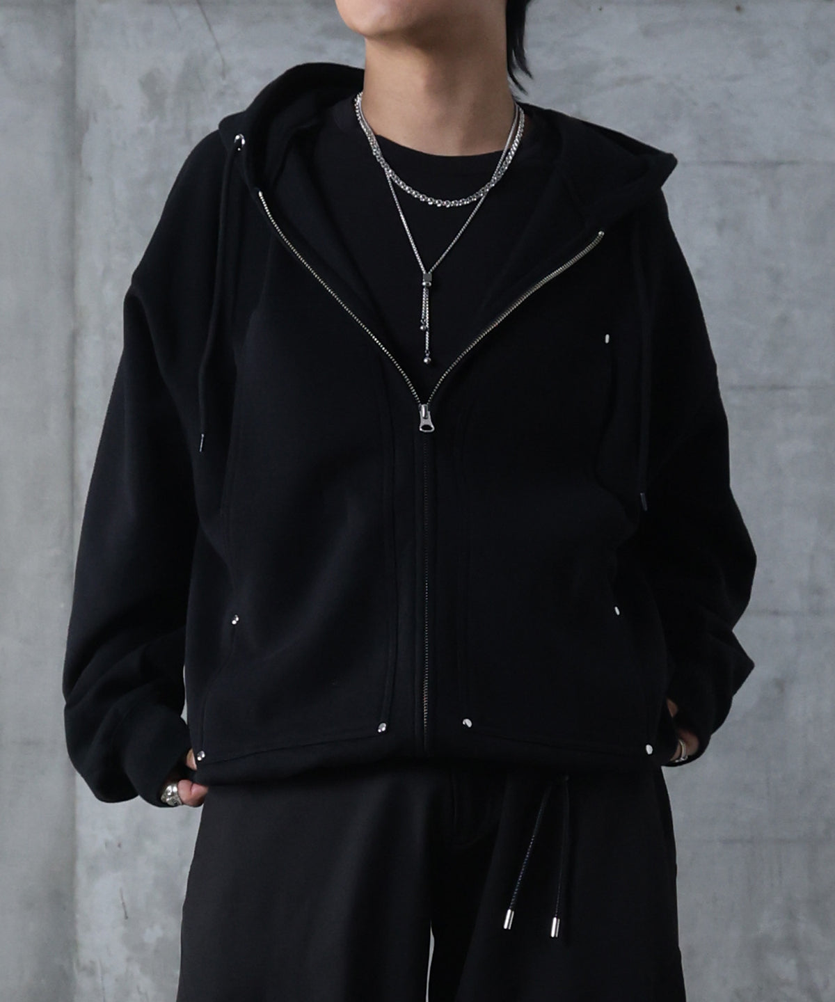 ダブルポケット スタッズ リベット フルジップパーカー ビッグシルエット