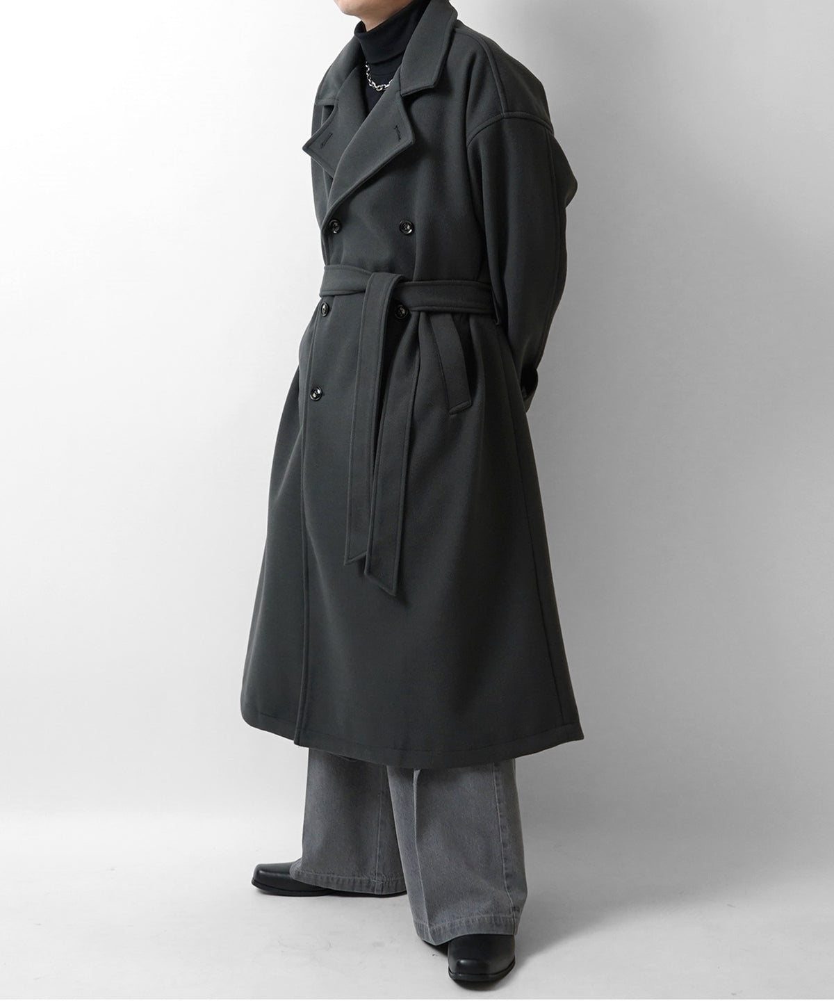 オーバーサイズ ウールライク メルトン スタンドネック ロングトレンチコート