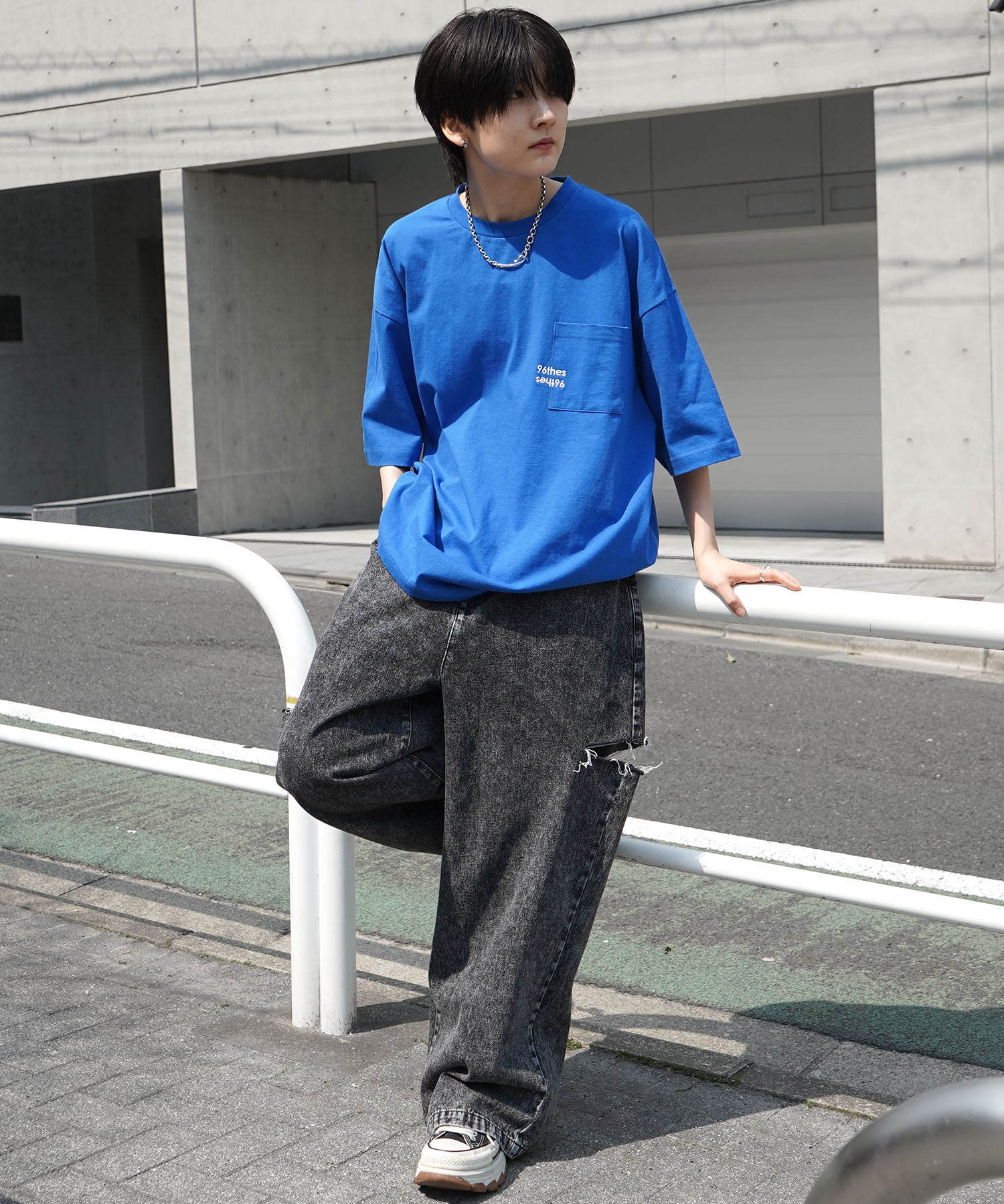 【96thes】韓国ストリート ビッグシルエット ワンポイントマタギ刺繍 半袖Tシャツ