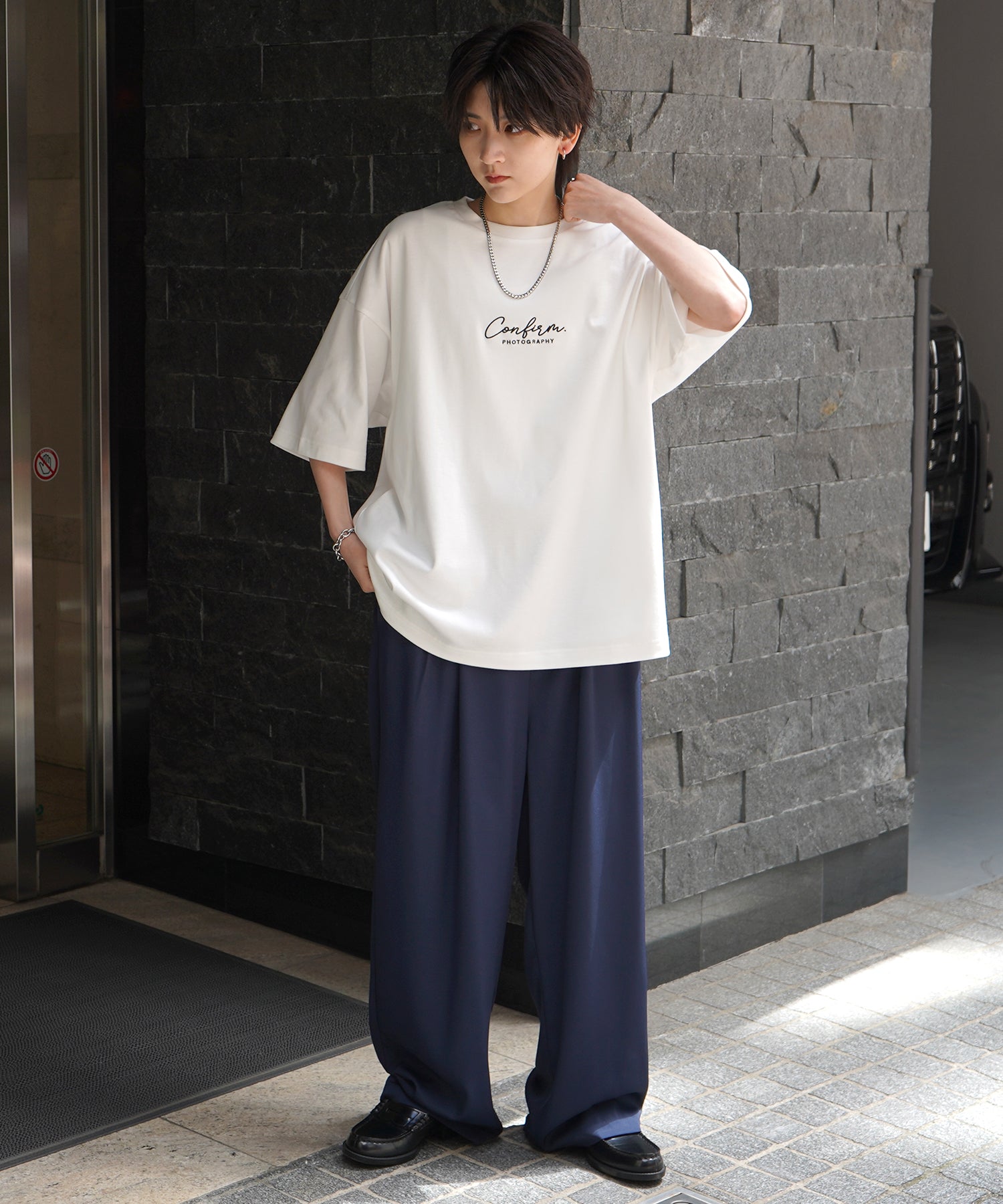 25SS ナチュラルドレープ とろみ肌感 ワンポイント刺繍 ビッグシルエット半袖Tシャツ