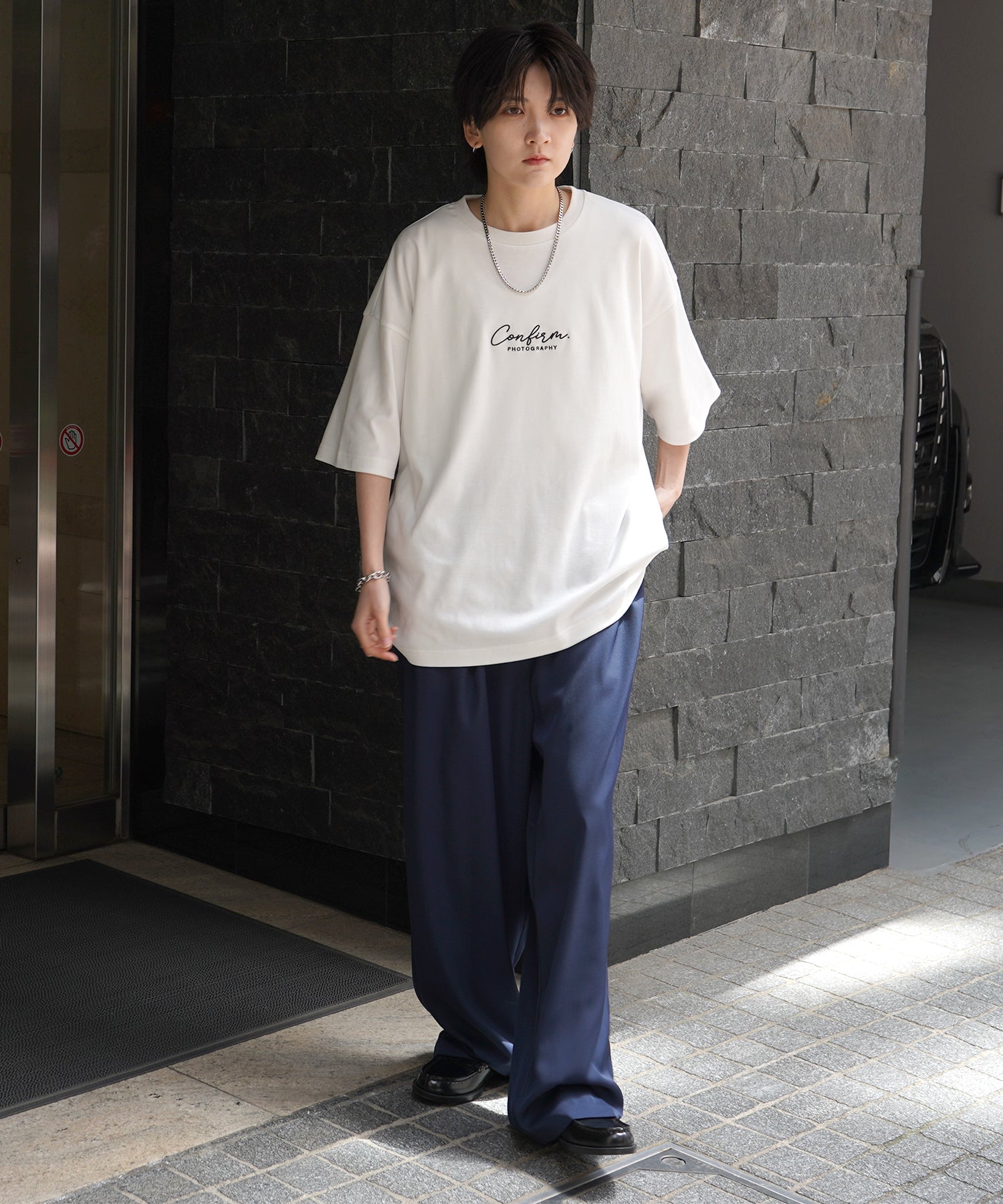 25SS ナチュラルドレープ とろみ肌感 ワンポイント刺繍 ビッグシルエット半袖Tシャツ