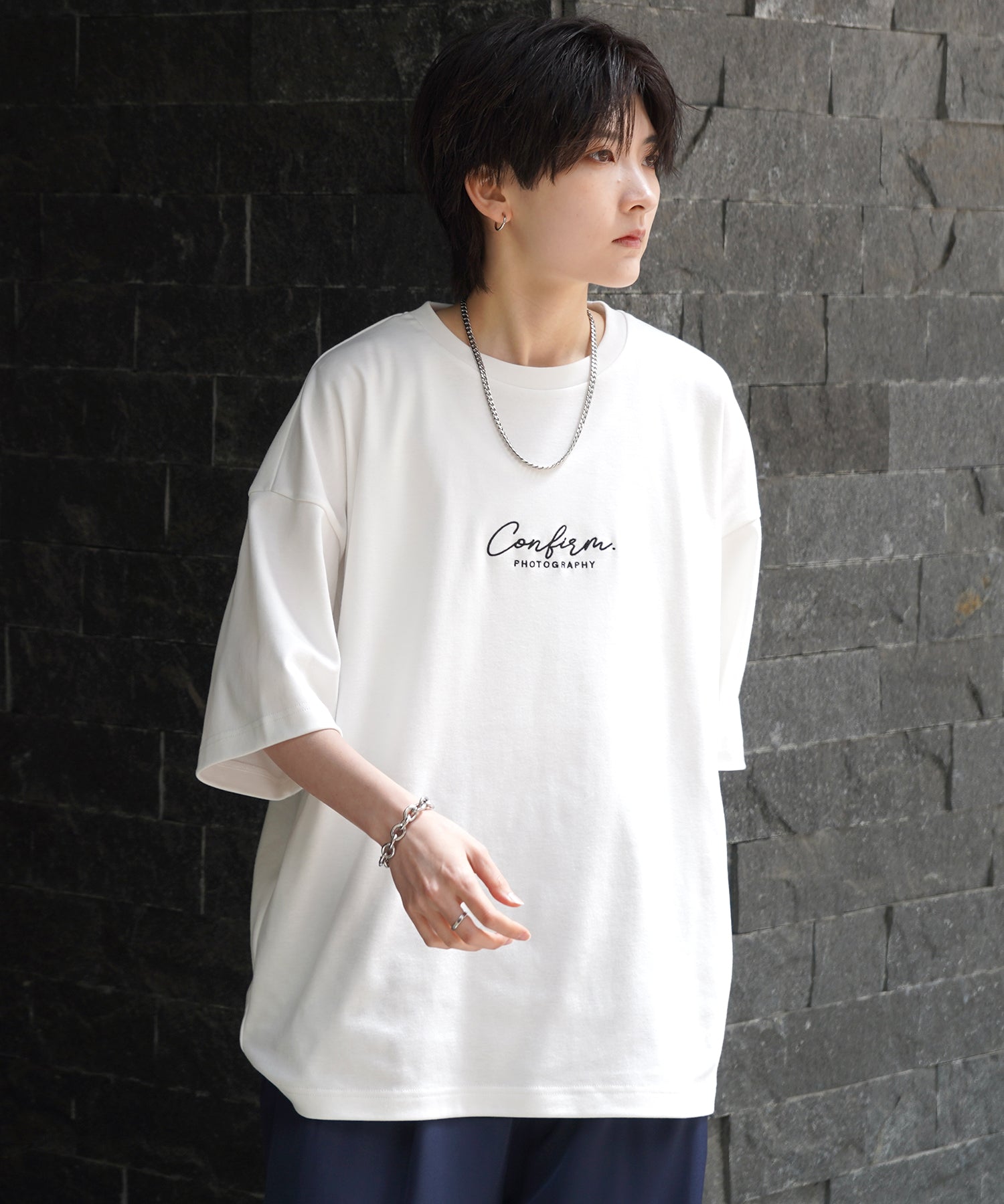 25SS ナチュラルドレープ とろみ肌感 ワンポイント刺繍 ビッグシルエット半袖Tシャツ