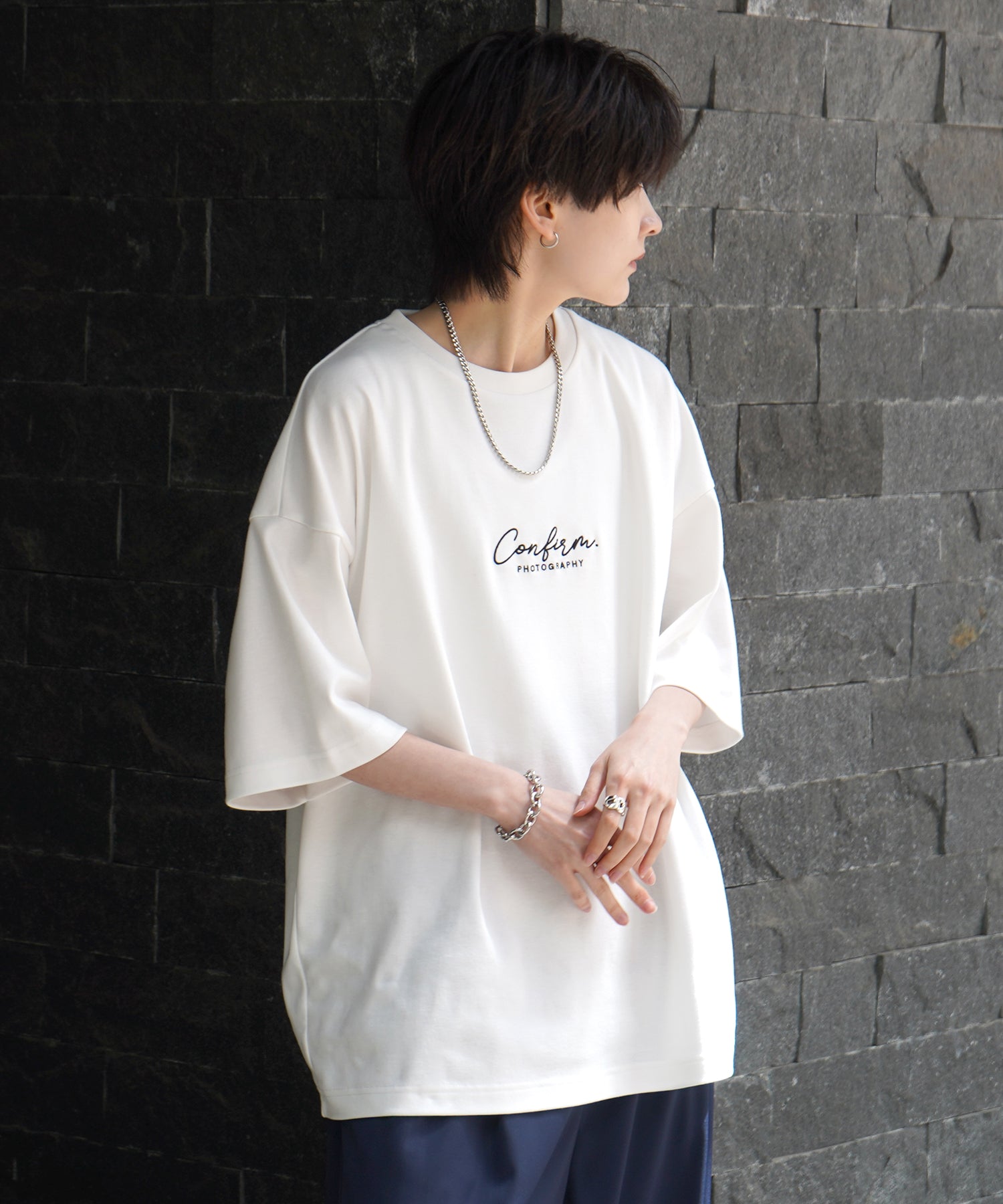 25SS ナチュラルドレープ とろみ肌感 ワンポイント刺繍 ビッグシルエット半袖Tシャツ