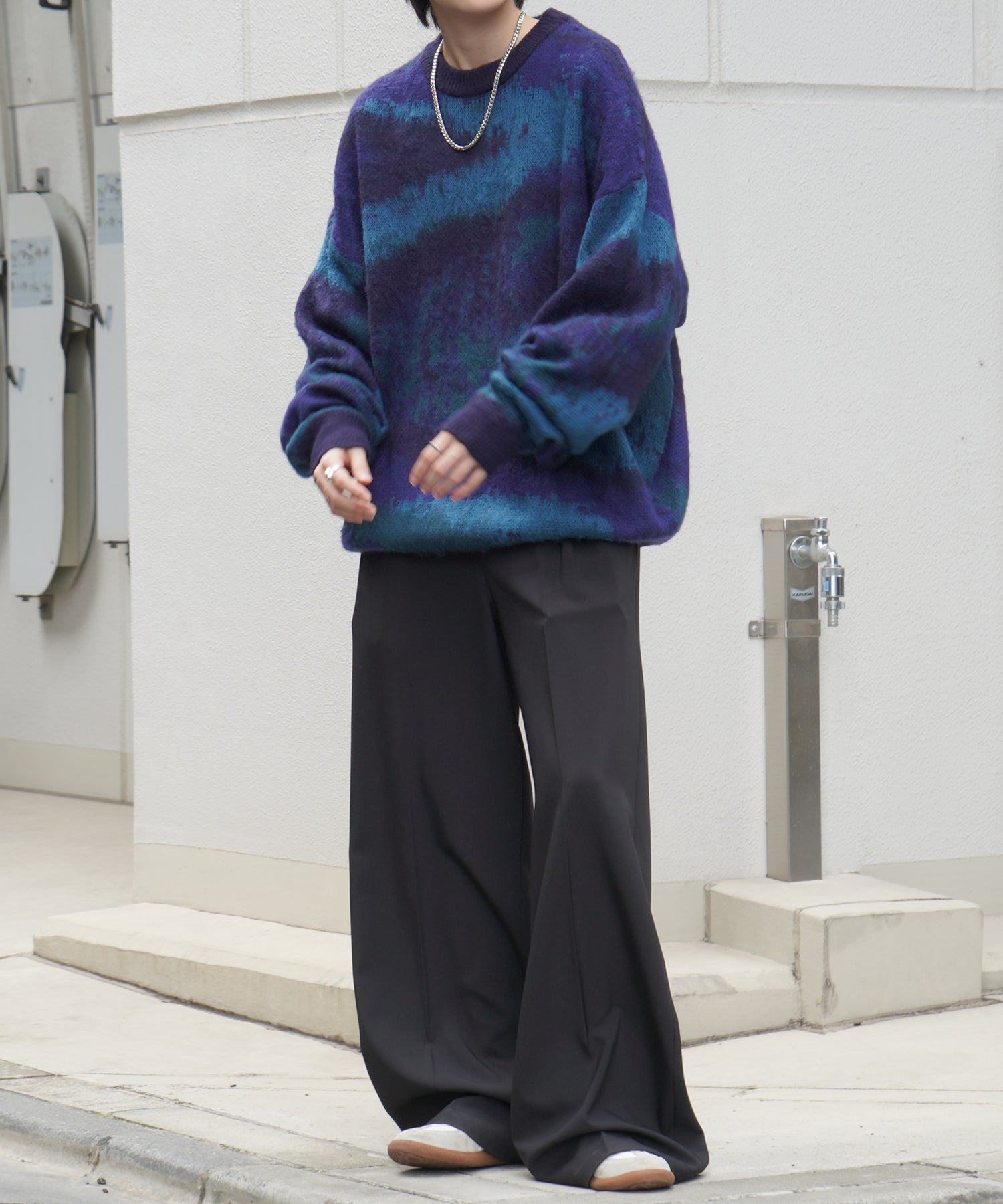 モヘアライク ルーズシルエット グラデーション 煙柄ジャガード シャギープルオーバーニット