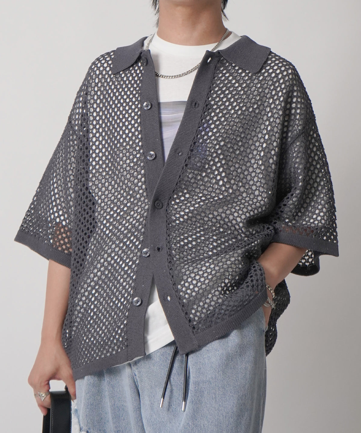 25SS スパンコール メッシュニットシャツ