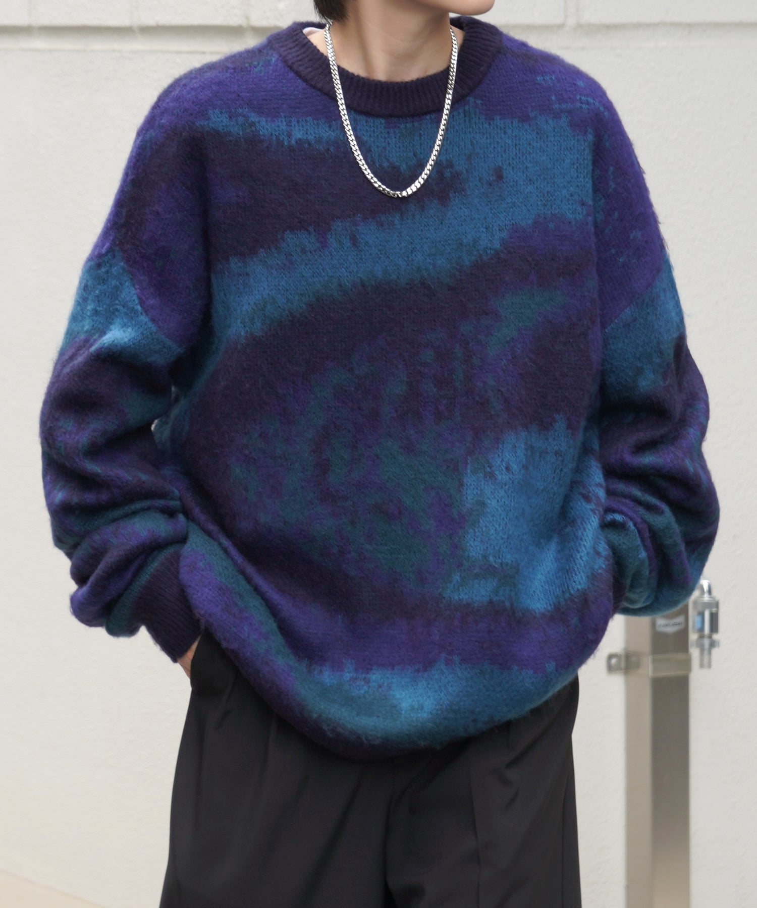 モヘアライク ルーズシルエット グラデーション 煙柄ジャガード シャギープルオーバーニット
