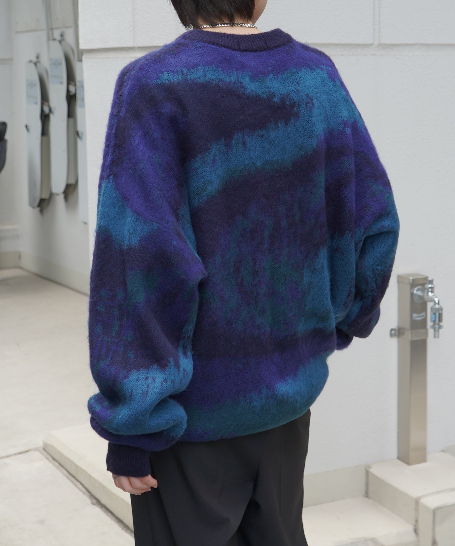 モヘアライク ルーズシルエット グラデーション 煙柄ジャガード シャギープルオーバーニット
