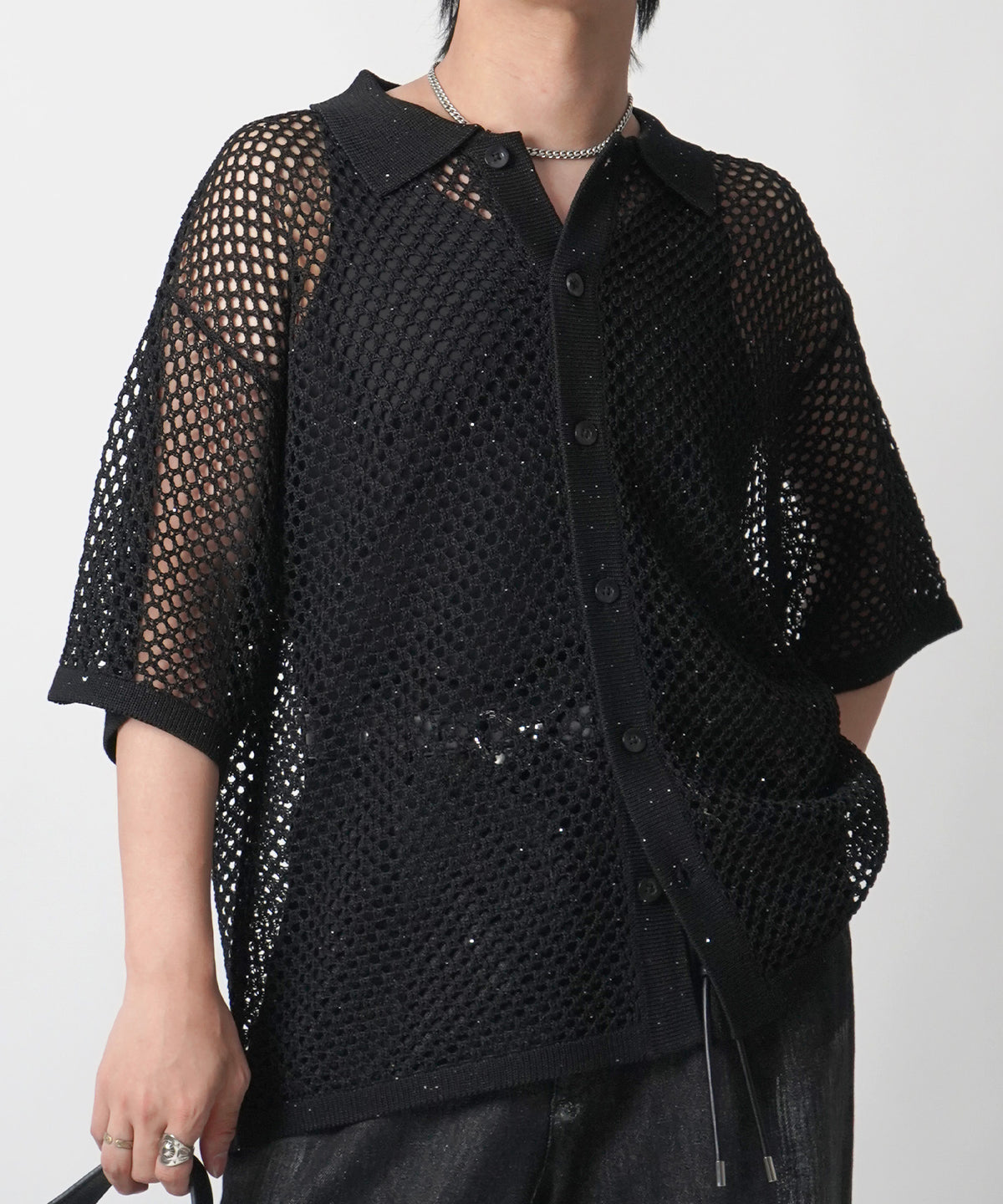 25SS スパンコール メッシュニットシャツ