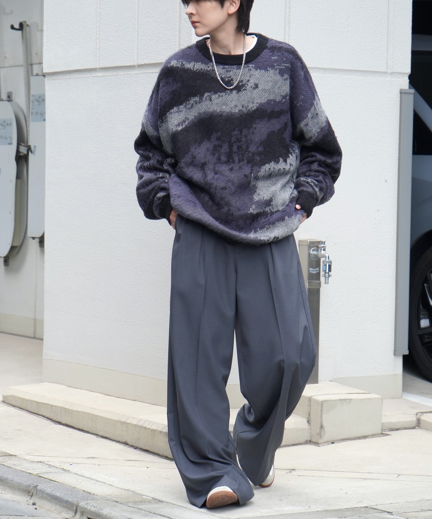 モヘアライク ルーズシルエット グラデーション 煙柄ジャガード シャギープルオーバーニット